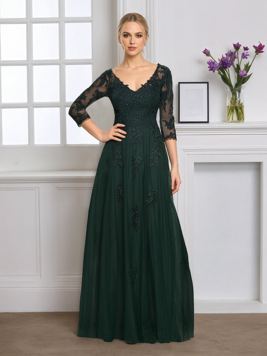 Cicinia Robe pour Mère de la Mariée VERT FONCE Longue en Tulle Appliqués Dentelle Décolleté en V Manches Trois-Quarts