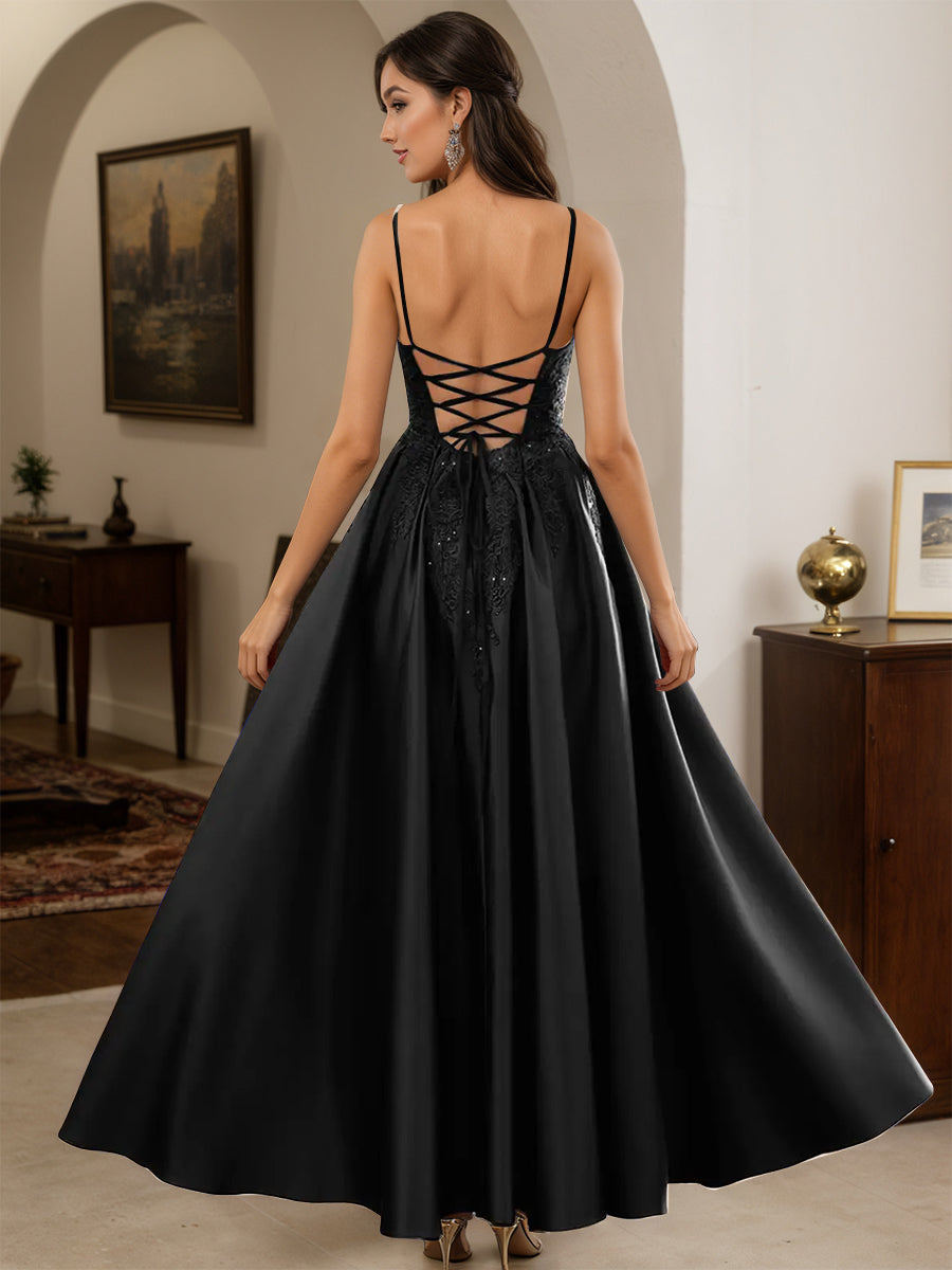 Cicinia Robe de Soirée NOIR Longue A-Line en Satin Appliqués Dentelle Longueur Sol