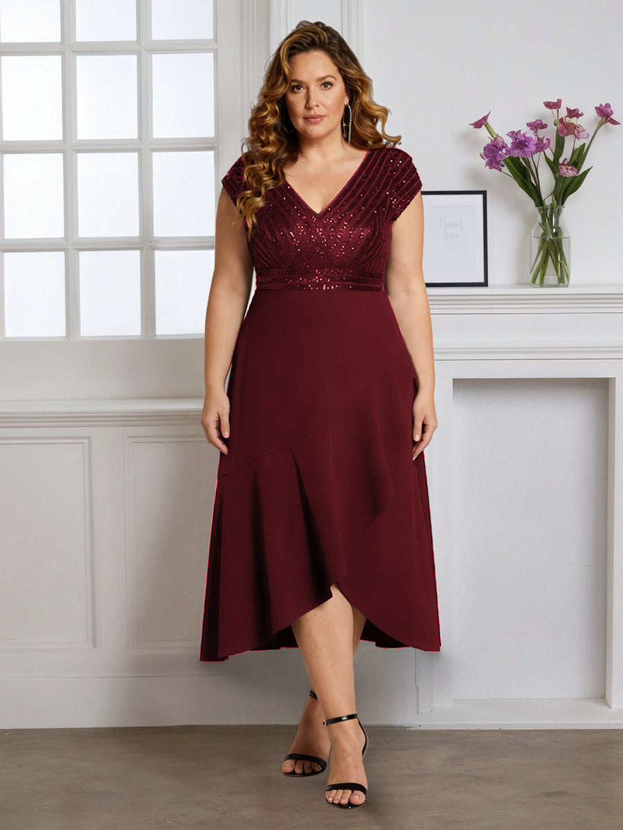 Cicinia Cabernet Robe pour Mère de la Mariée Longue A-Line en Mousseline à Paillettes Décolleté en V Longueur Midi Grande Taille