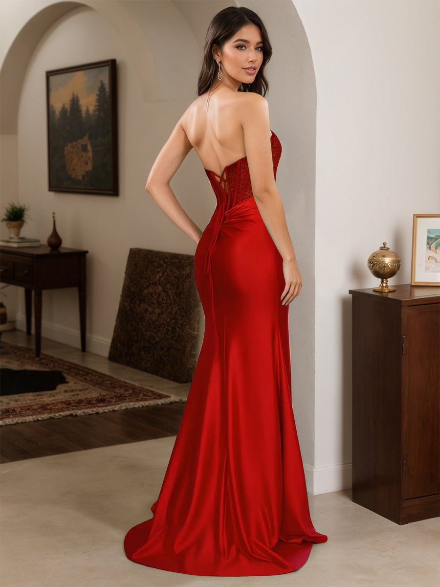 Cicinia Robe de Soirée ROUGE Longue Fourreau Perlé sans Bretelles Dos Nud