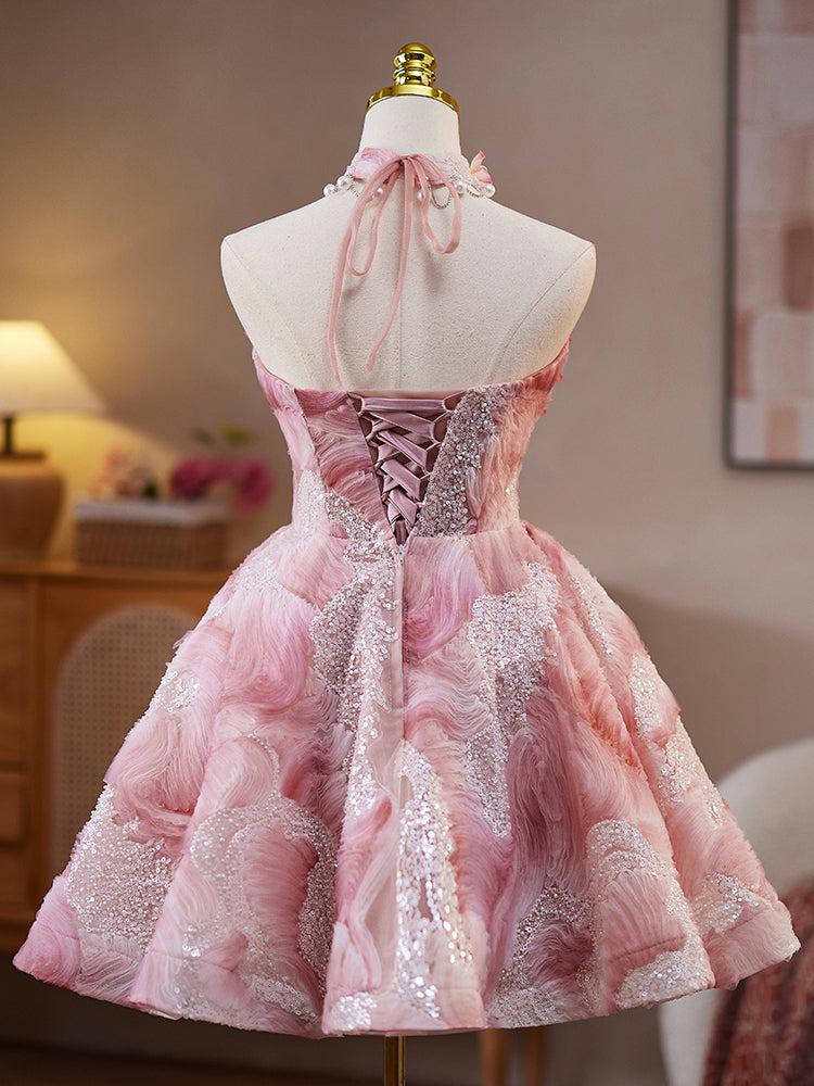 Robe de bal en Rose Florale Robe Bustier sans Manches avec Fleurs et Perles