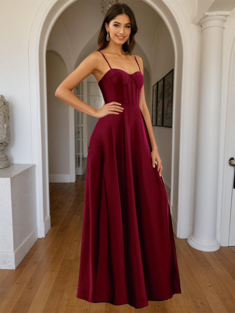 Cicinia Robe de Soirée BORDEAUX Longue A-Line en Satin à Bretelles Spaghetti Décolleté Cœur Longueur Sol