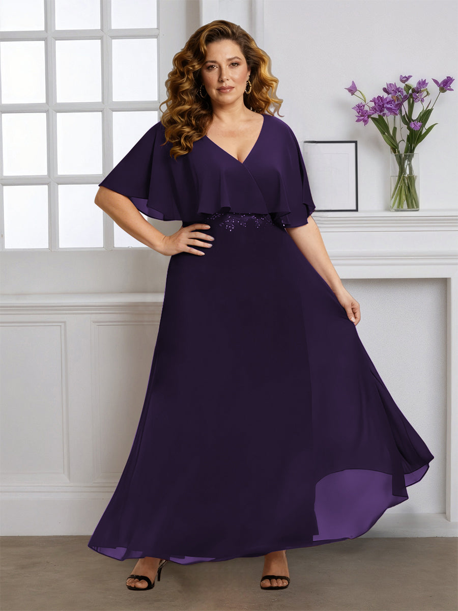 Cicinia Robe pour Mère de la Mariée Raisin Grande Taille Longue A-Line en Mousseline Décolleté en V Manches Papillons
