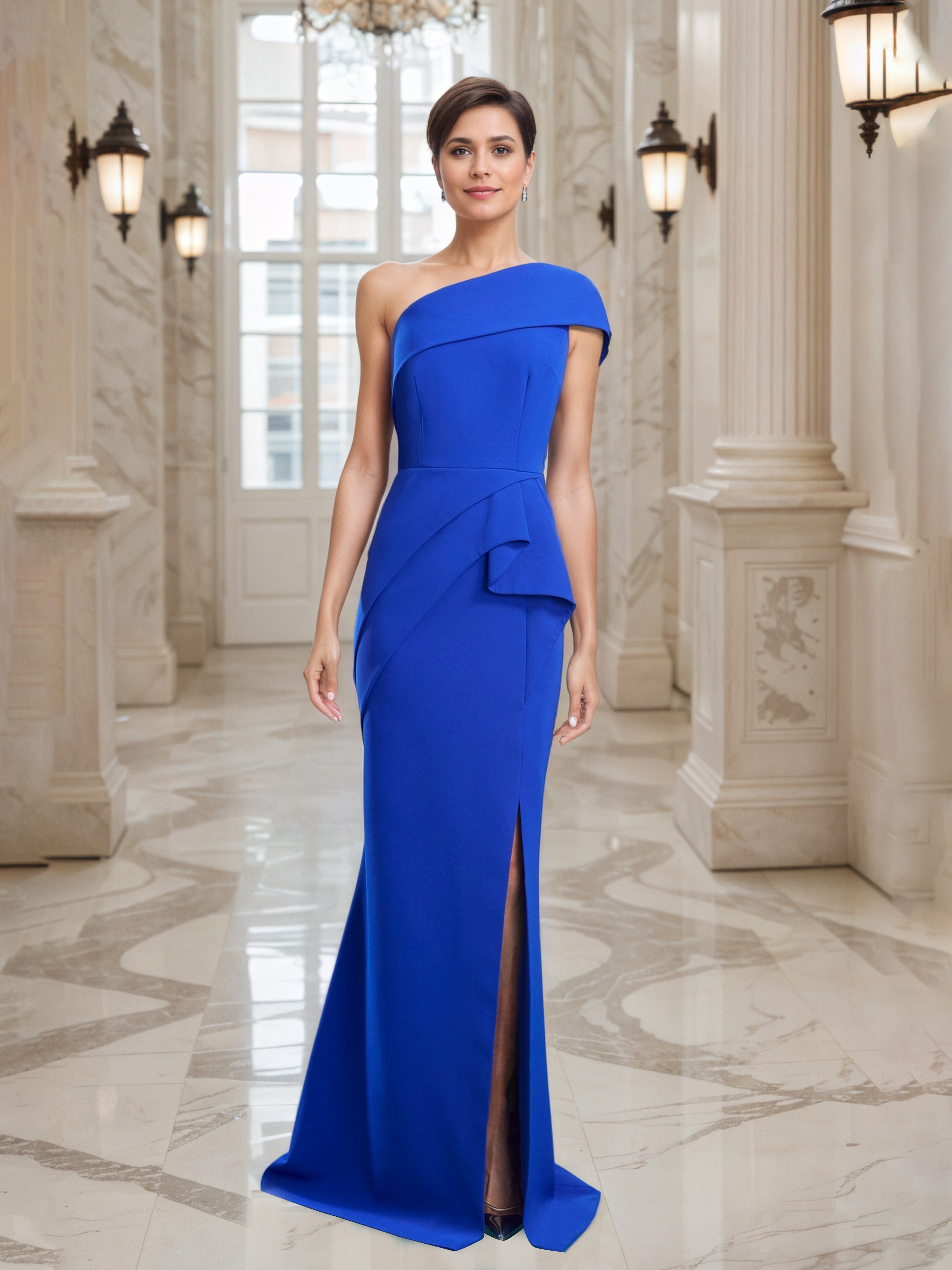Robe de Soirée BLEU_ROYALE Seule épaule Fourreau Robe Asymétrique à Volants à la Taille