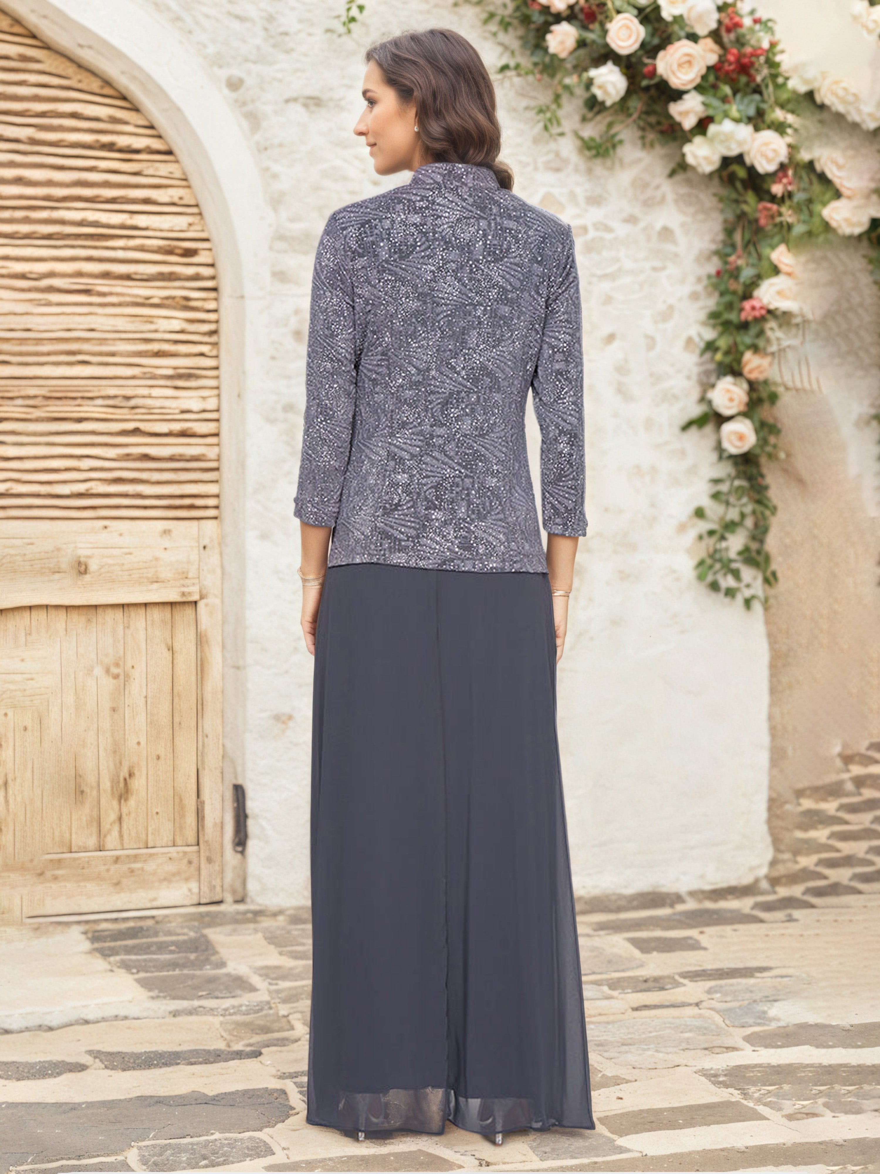 Robe Cérémonie Mariage Mère Du Marié Bleu Poussière Trapèze Col Carré Manches 3/4