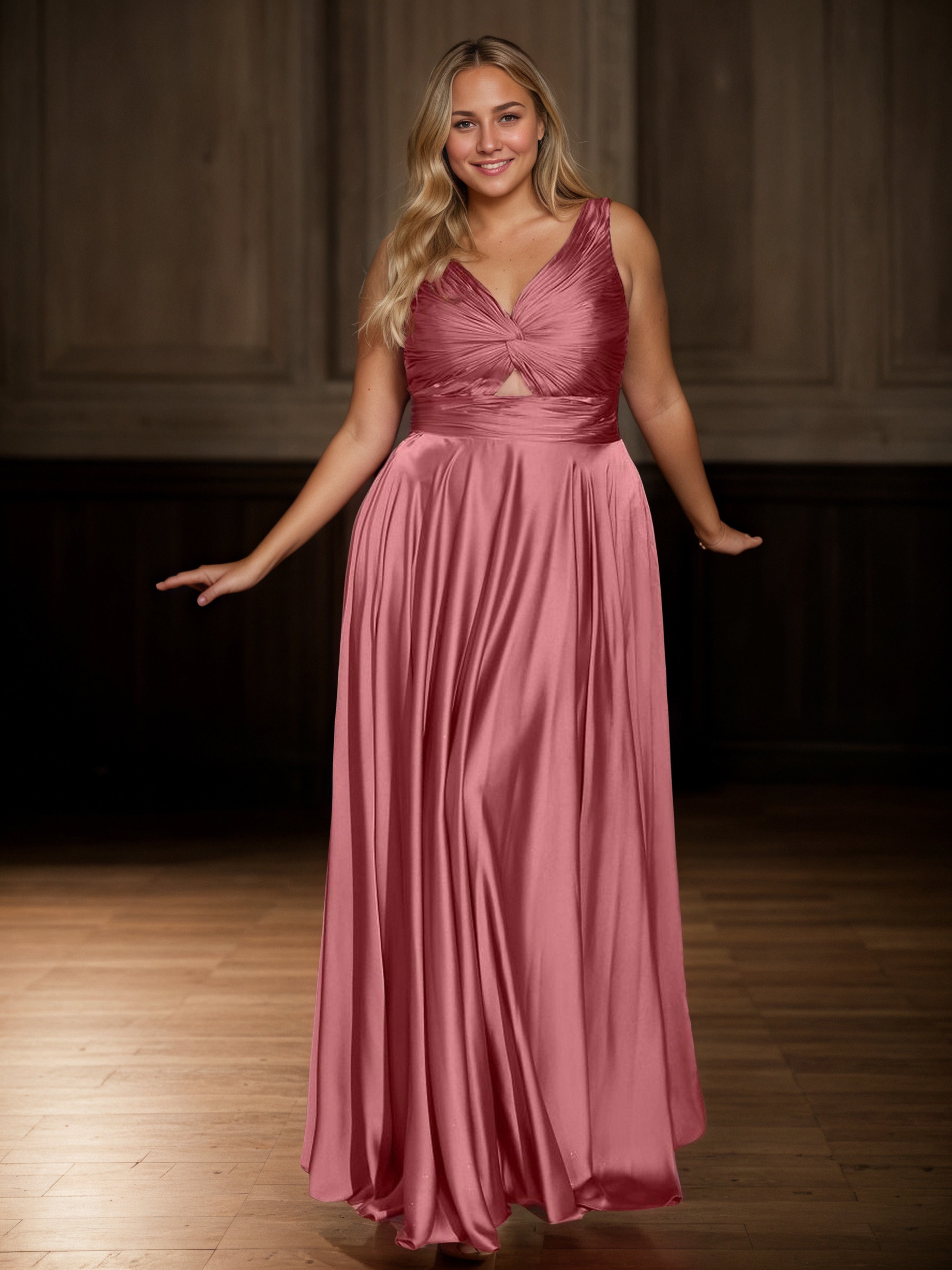 Robe de Bal VINTAGE_MAUVE à Encolure V et Bretelles Grande Taille Longue Sans Manches avec Plissés