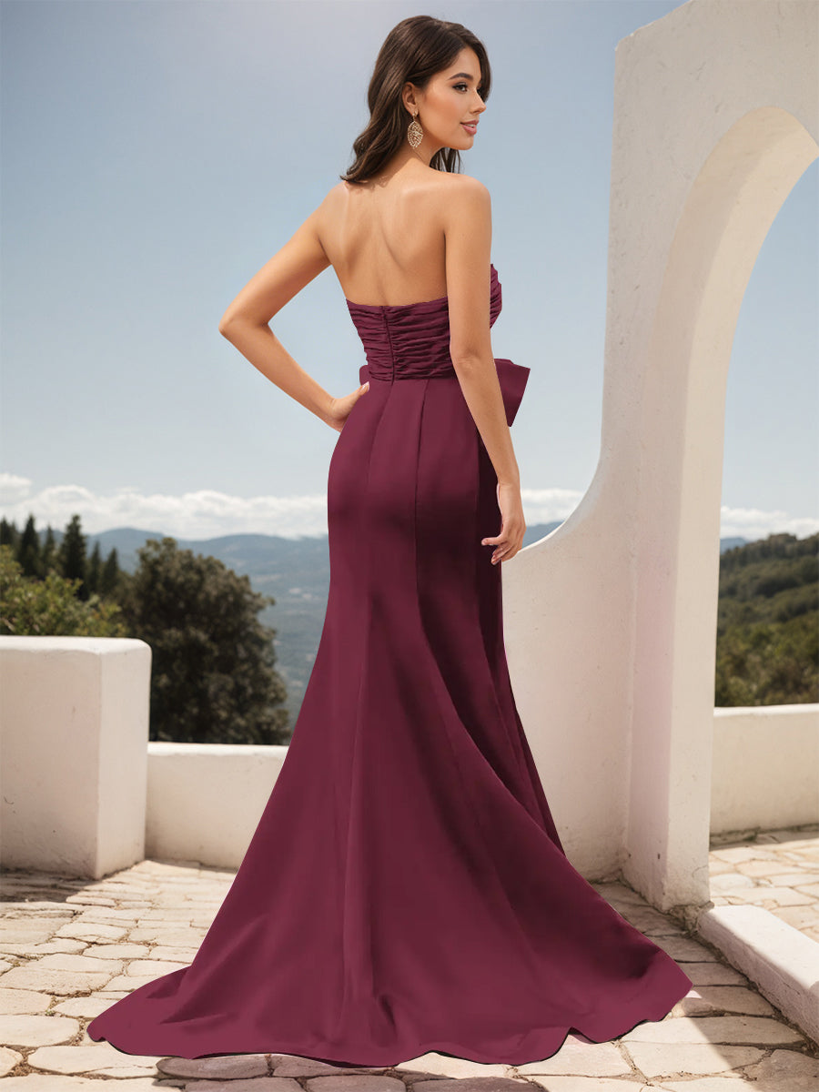 Cicinia Robe de Soirée Mûre Longue en Tissu Extensible Fourreau sans Bretelles Fente avec Grand Nœud Papillon
