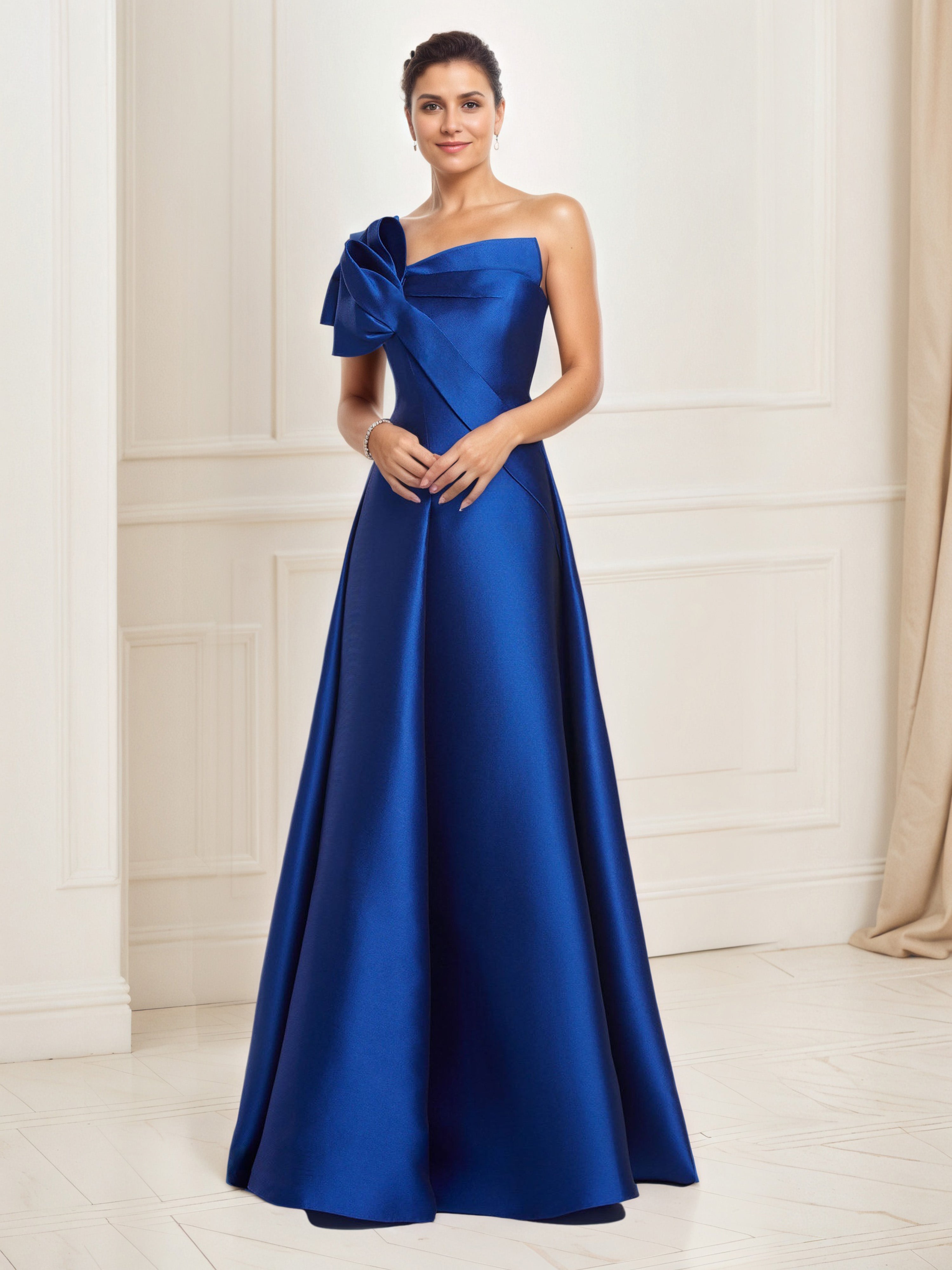 Robe de Bal Longue BLEU_ROYALE A-Line en Satin Sans Bretelles avec Volants Décoratifs