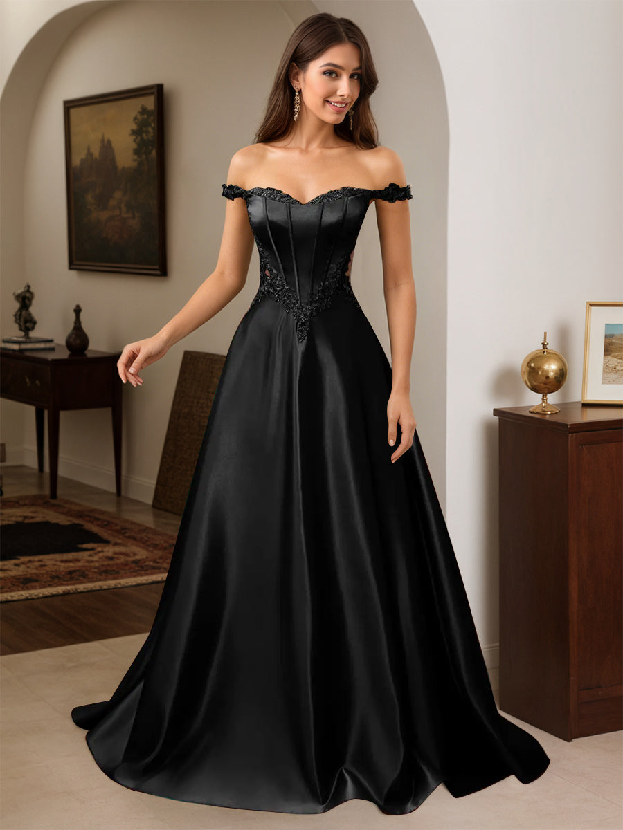 Cicinia Robe de Soirée Noire Longue A-Line Appliqués Dentelle Épaules Dénudées