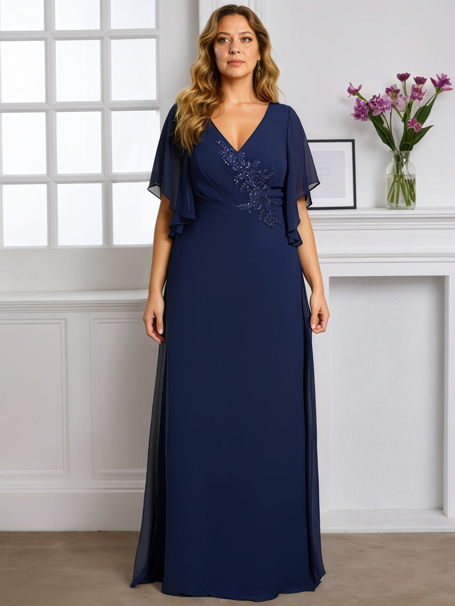 Cicinia Robe pour Mère de la Mariée BLEU MARINE Longue A-Line en Mousseline Manches Papillons Longueur Sol Grande Taille