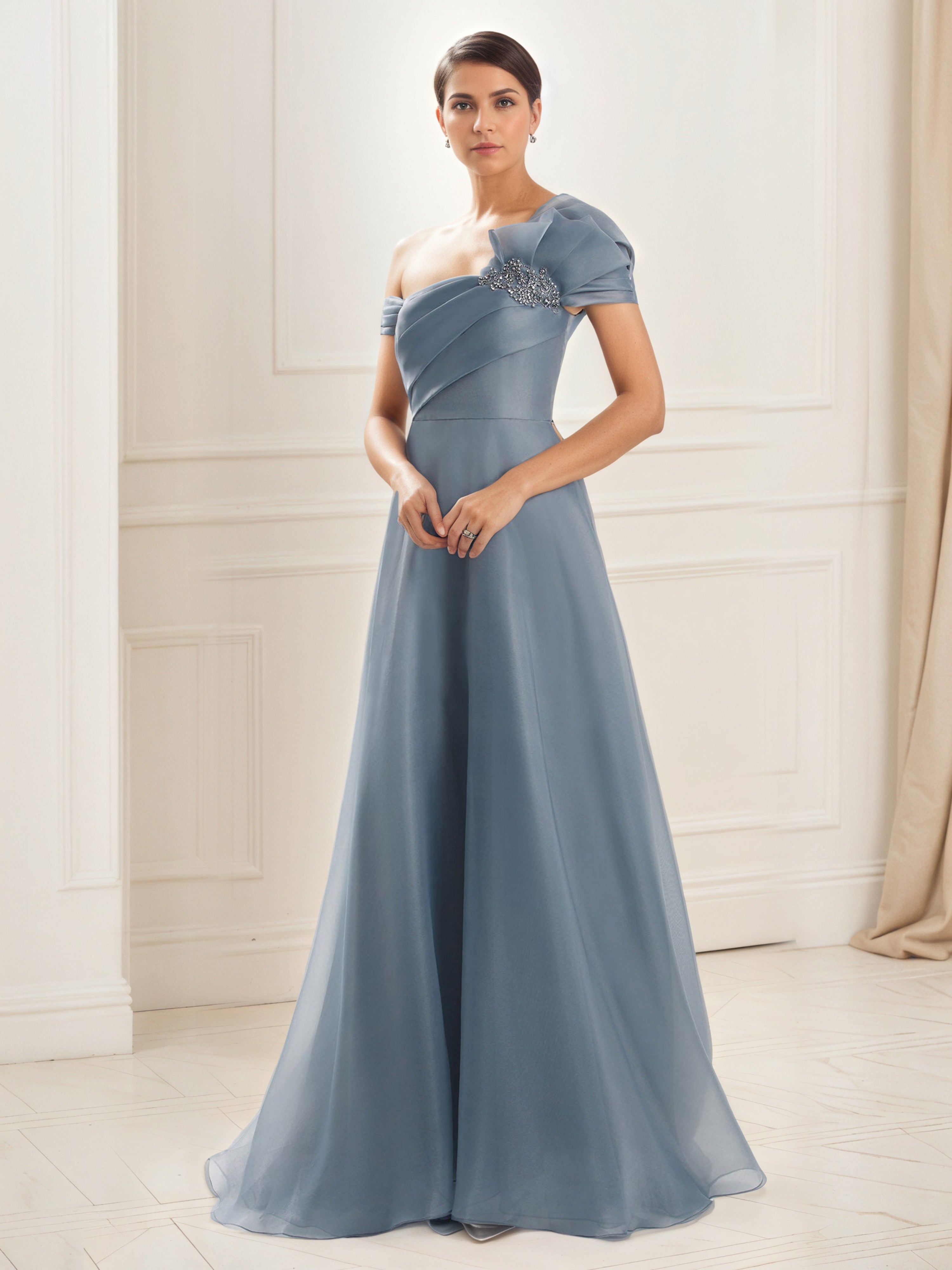 Robe de Bal BLEU_POUDRE A-Line à Une Épaule avec Bustier Plissé et Broderies