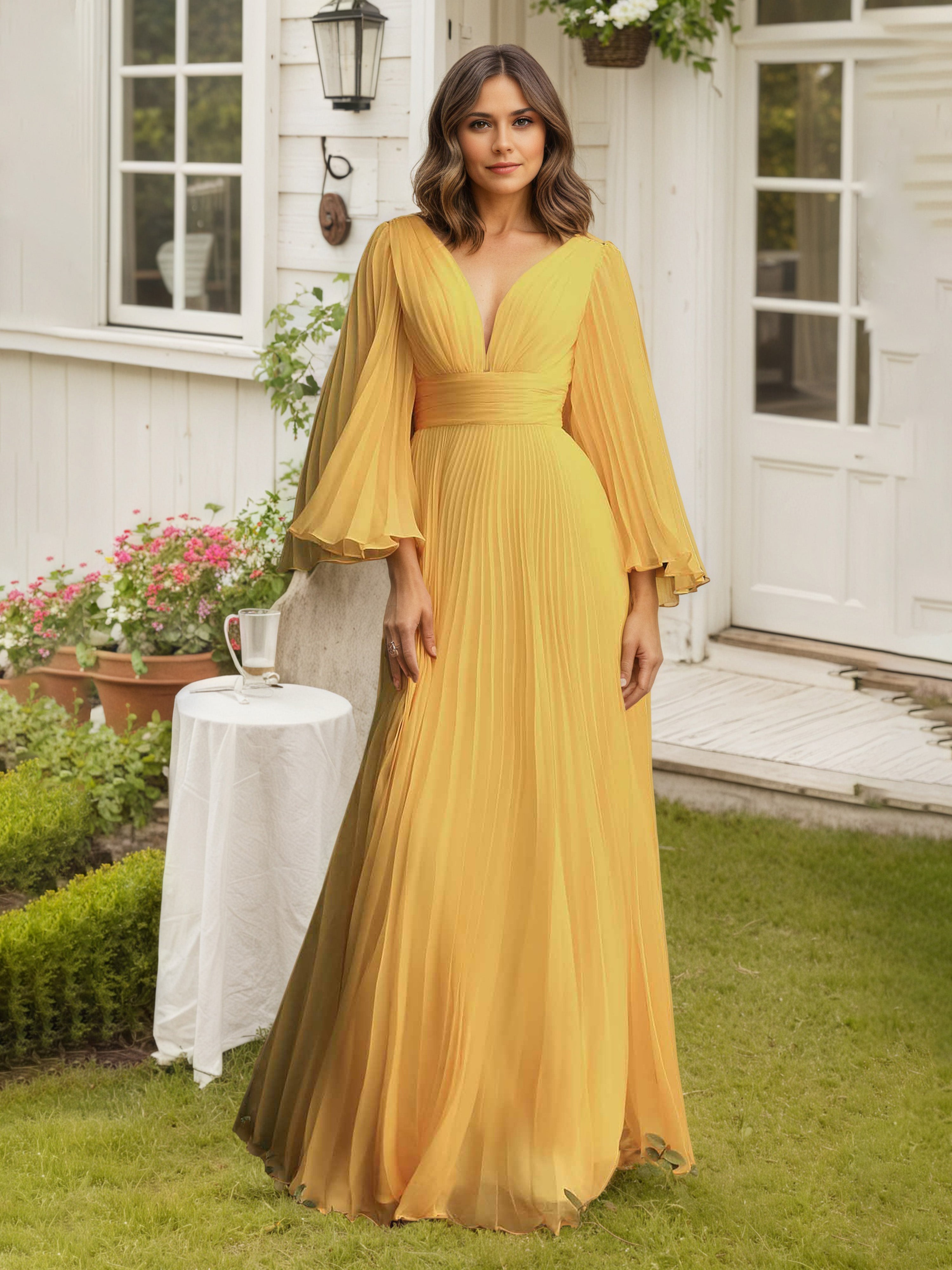 Robe de Soirée Longue Plissée JAUNE Col V Robe Mousseline Trapèze Manches Longue