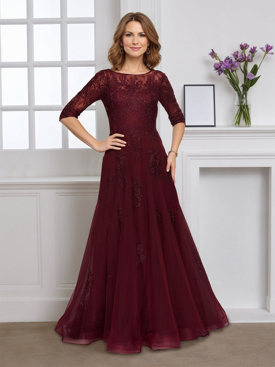 Cicinia Cabernet Robe pour Mère de la Mariée Longue en Tulle Appliqués Dentelle Manches Demi-longues Longueur Sol