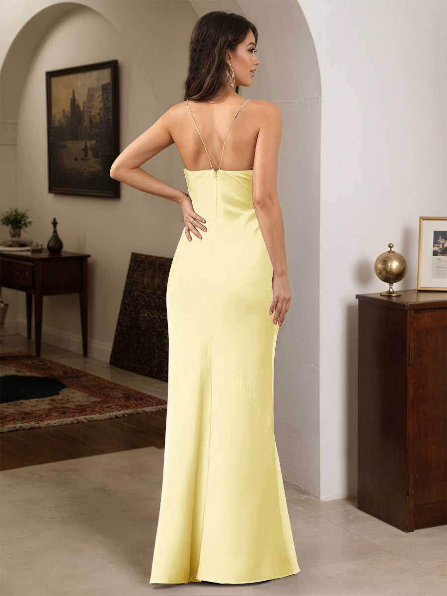 Cicinia JONQUILLE Robe de Soirée Longue en Satin Doux Fourreau à Bretelles Spaghetti Fente Longueur Sol Chic