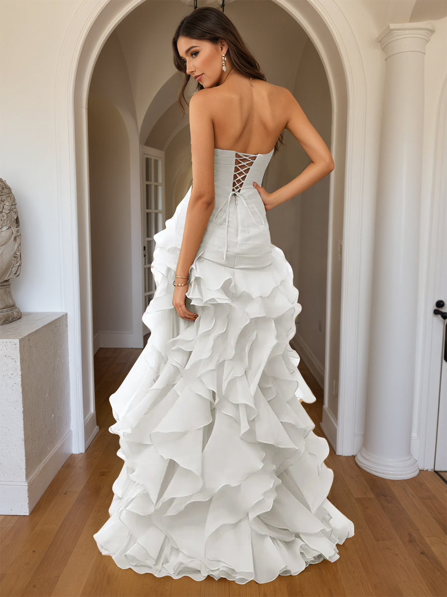 Cicinia Robe de Soirée Blanc Longue Fourreau sans Bretelles Fente Dos Nud à Volants