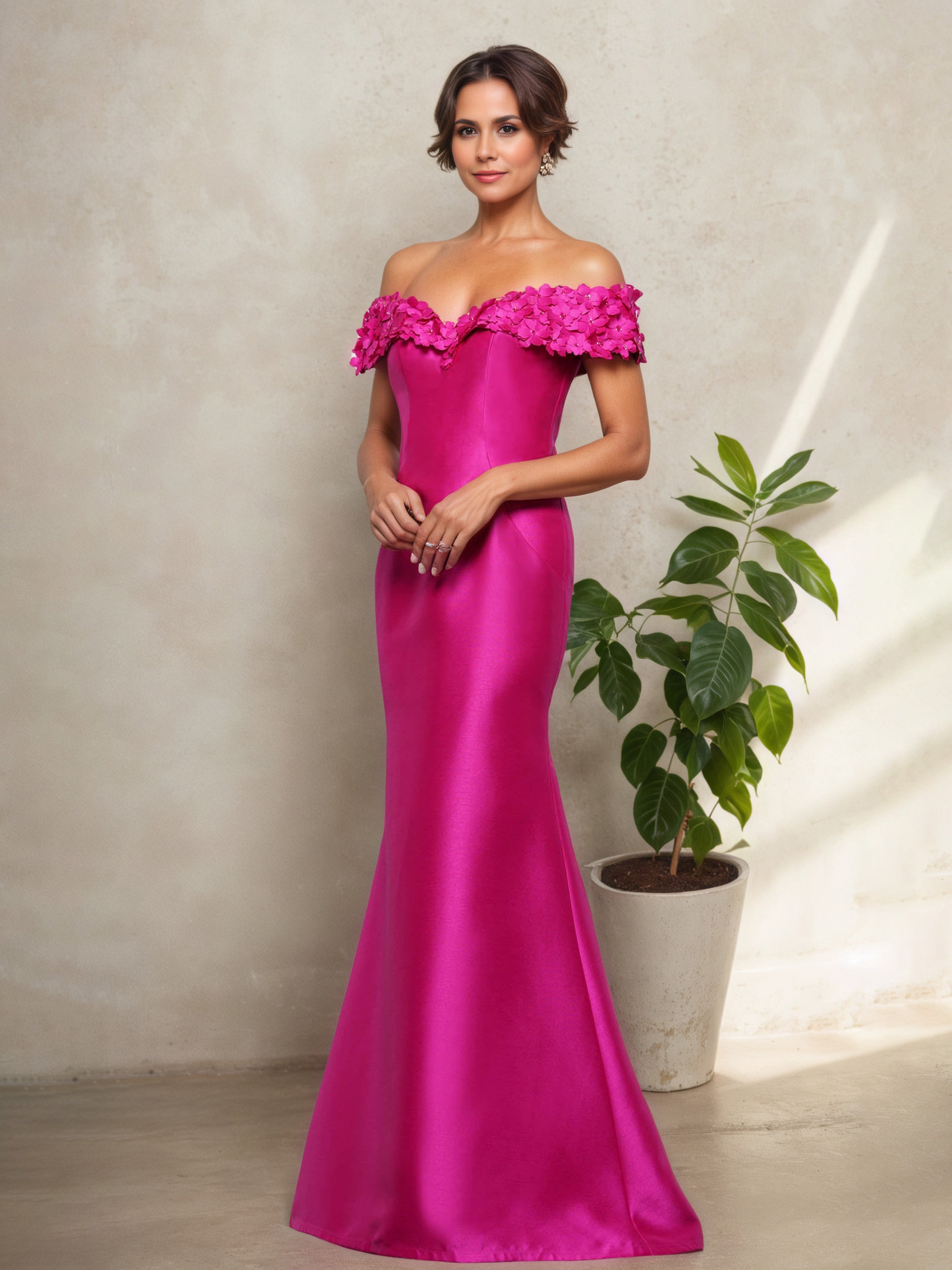 Robe de Cérémonie Fuchsia pour Mère de la Mariée Style Sans Bretelles avec Encolure Illusion