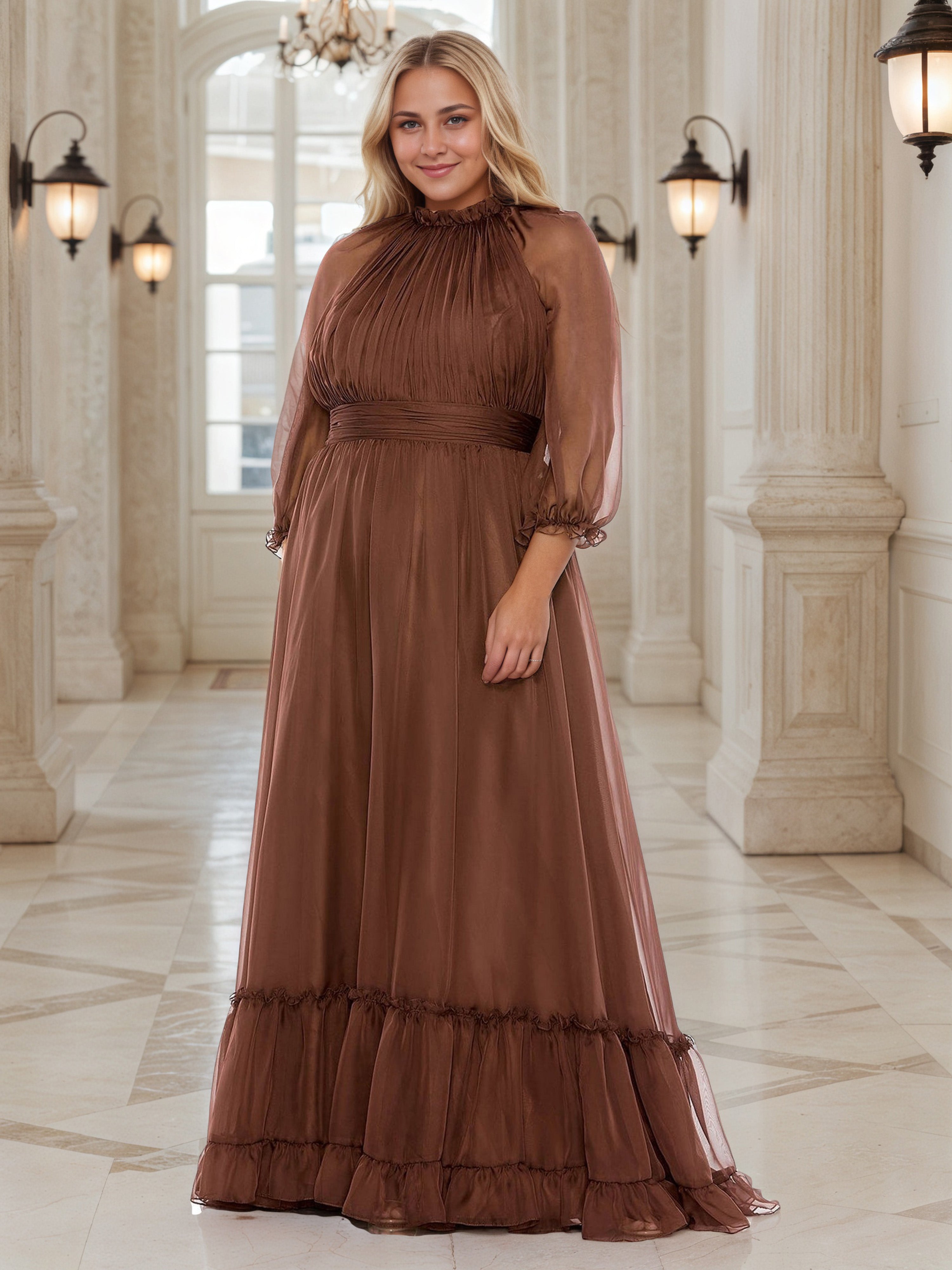 Robe de Bal BRUN à Encolure Col Claudine et Manches Illusion Grande Taille Coupe A-Line avec Volants et Plissés
