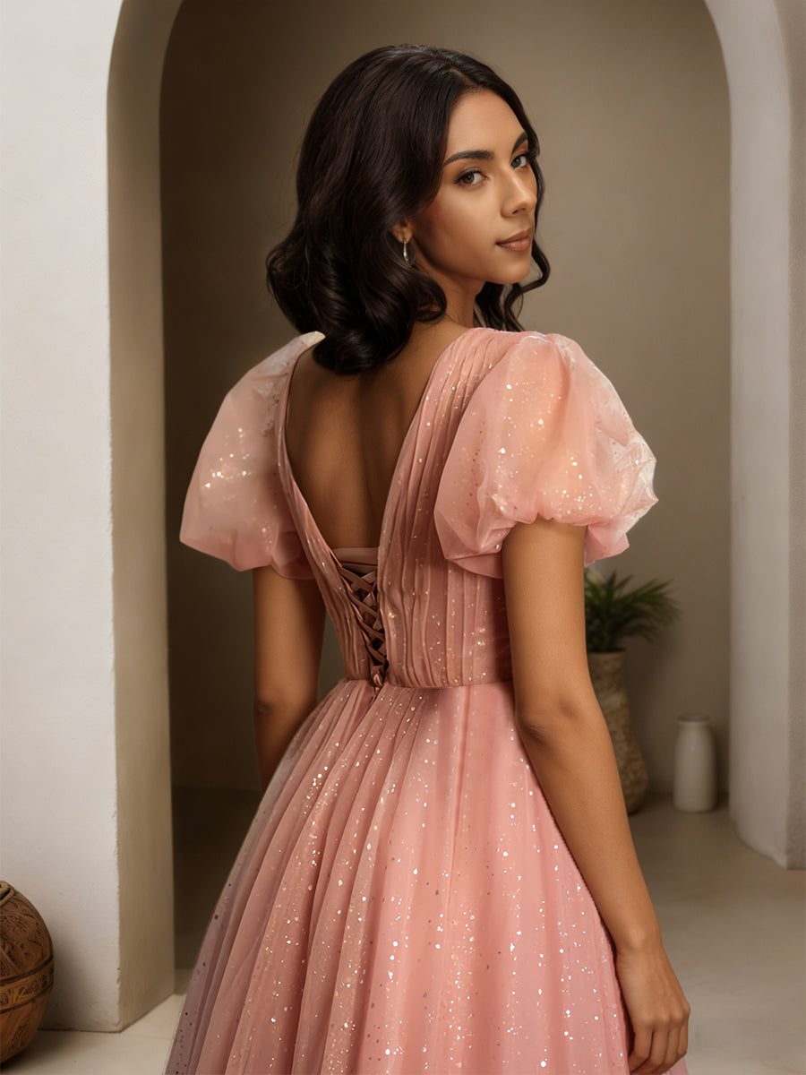 Cicinia Rose Poussiéreux Robe de Soirée Longue en Tulle Scintillant A-Line Manches Bouffantes Col V