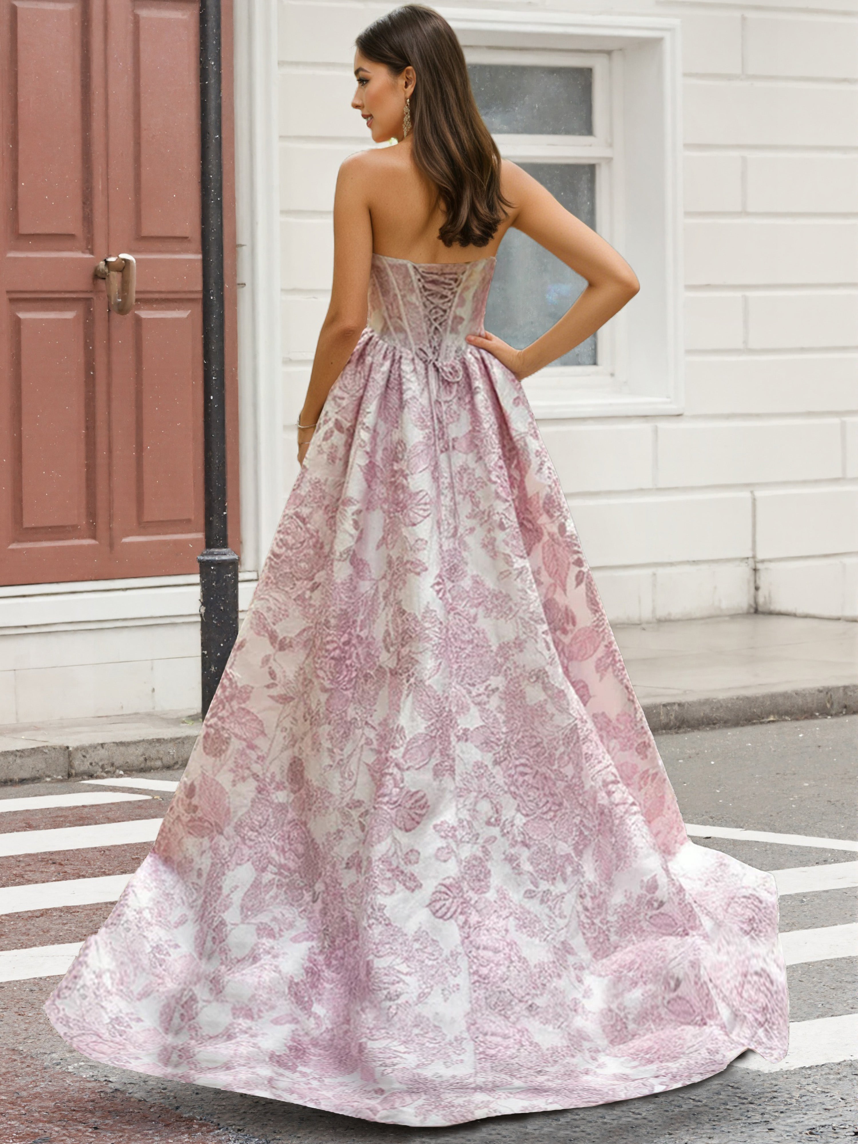 Cicinia Rose Robe de Soirée Longue A-Line en Jacquard Gaufré sans Bretelles Magnifique