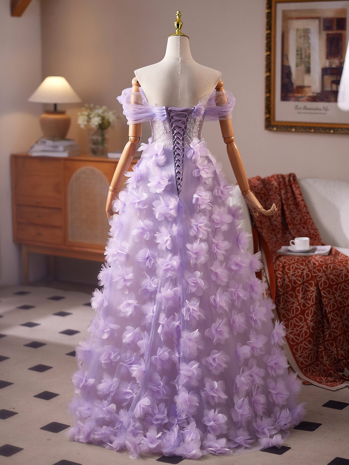 Nouvelle Arrivée Robe de Bal Lilas en Tulle Broderie de Perles et Appliqués Fleurs Longue