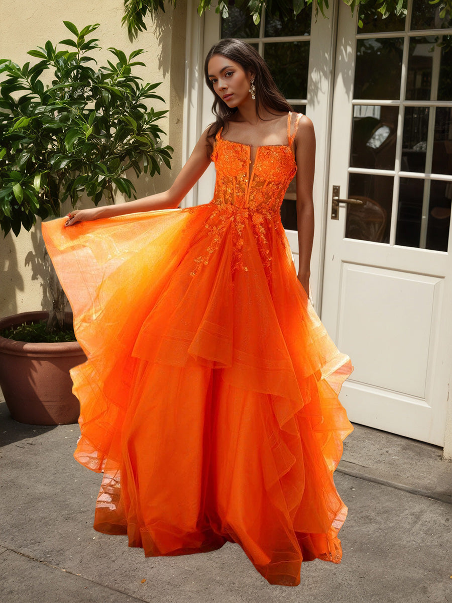 Cicinia Orange Robe de Soirée Princesse Longue à Bretelles Spaghetti à Volants Unique