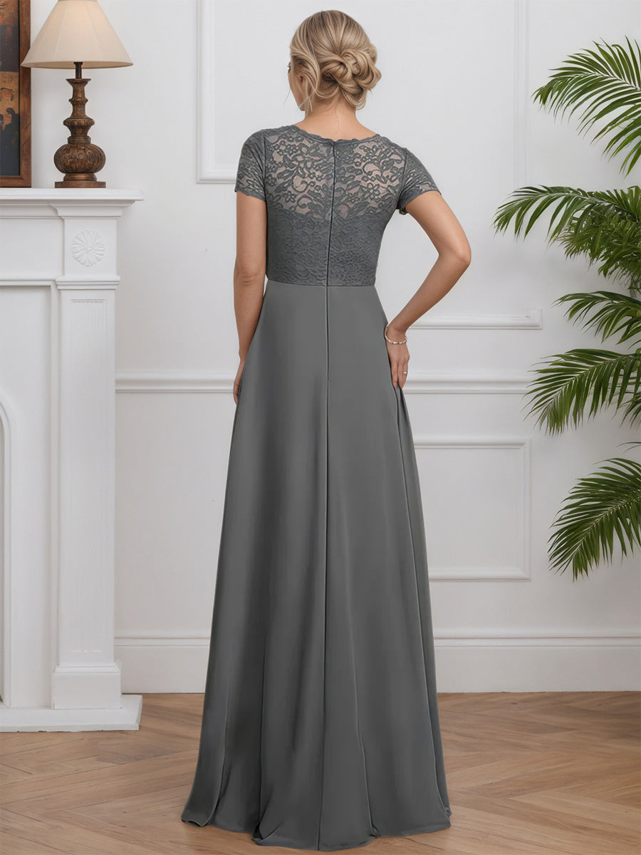 Cicinia Gris Acier Robe pour Mère de la Mariée Longue en Mousseline et Dentelle A-Line Manches Courtes