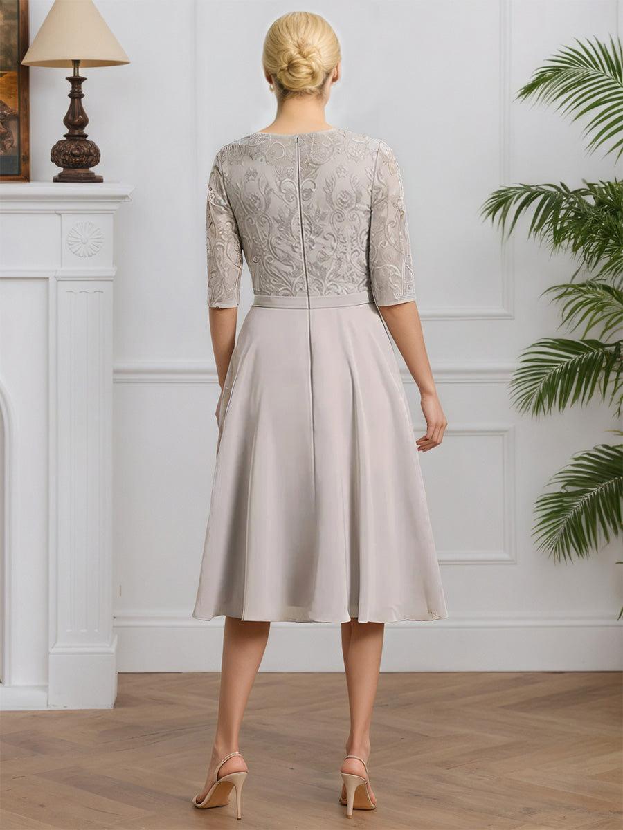 Cicinia Taupe Robe pour Mère de la Mariée Courte en Dentelle et Mousseline A-Line Longueur Genoux Manches Demi-longues