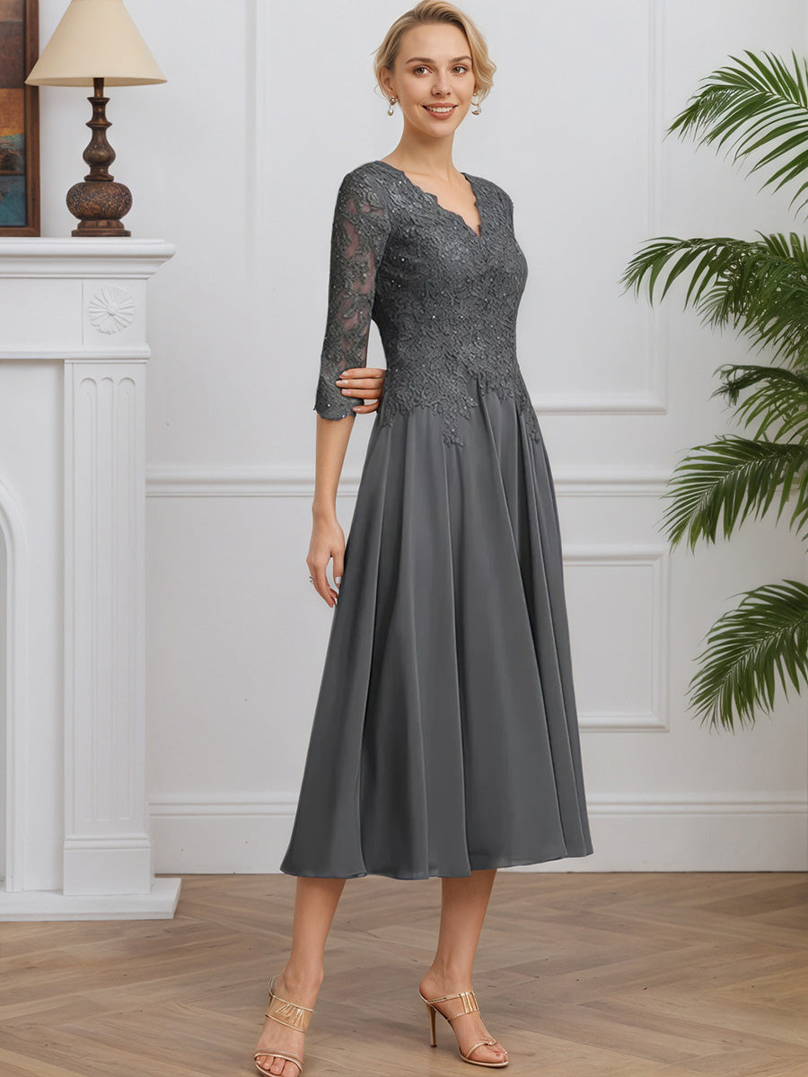 Cicinia Gris Acier Robe pour Mère du Marié Longue en Mousseline et Dentelle A-Line Décolleté en V Longueur Midi (Thé)