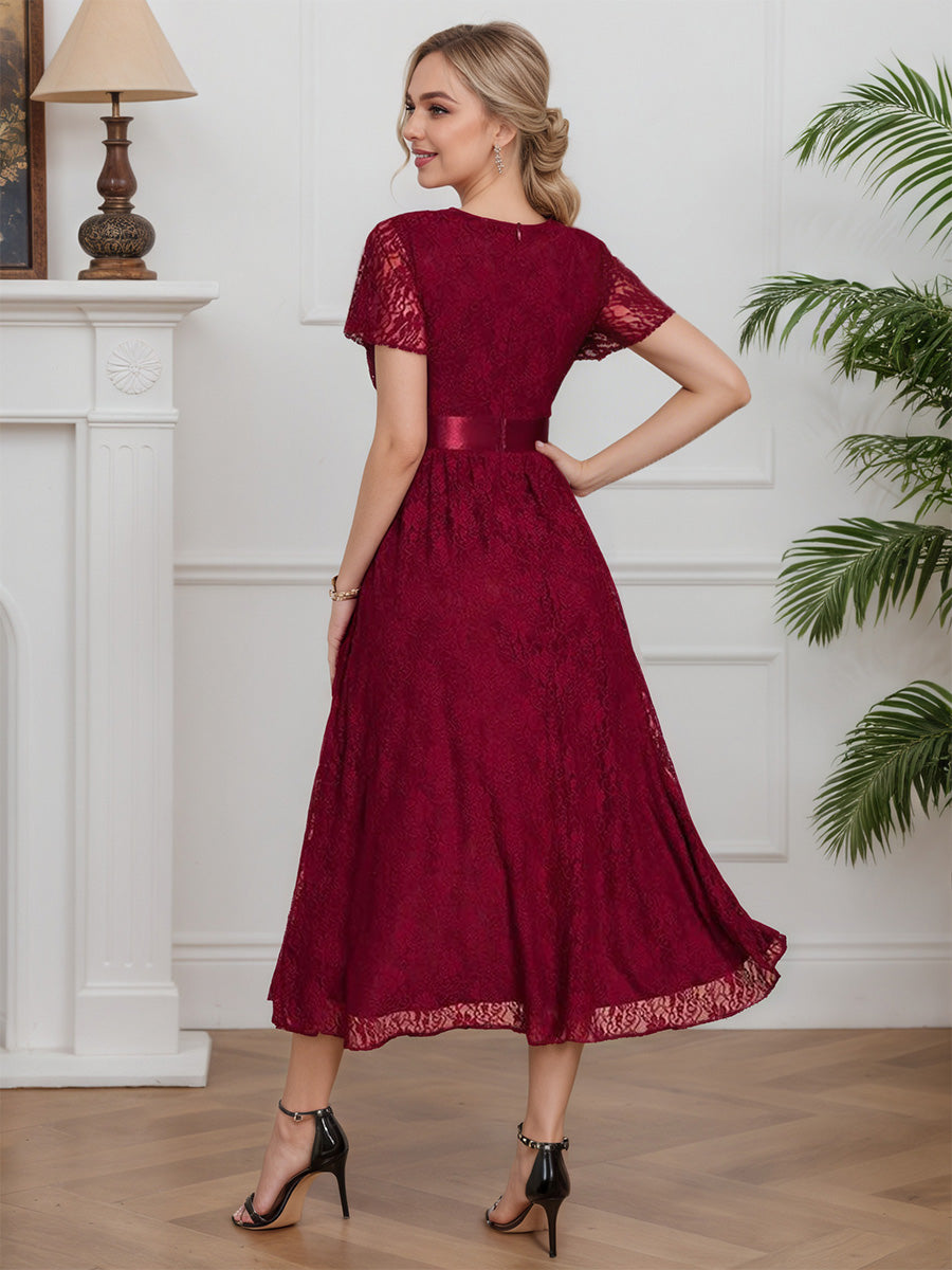 Cicinia BORDEAUX Robe pour Mère de la Mariée Longue en Dentelle A-Line Longueur Midi (Thé) Manches Courtes Grande Taille