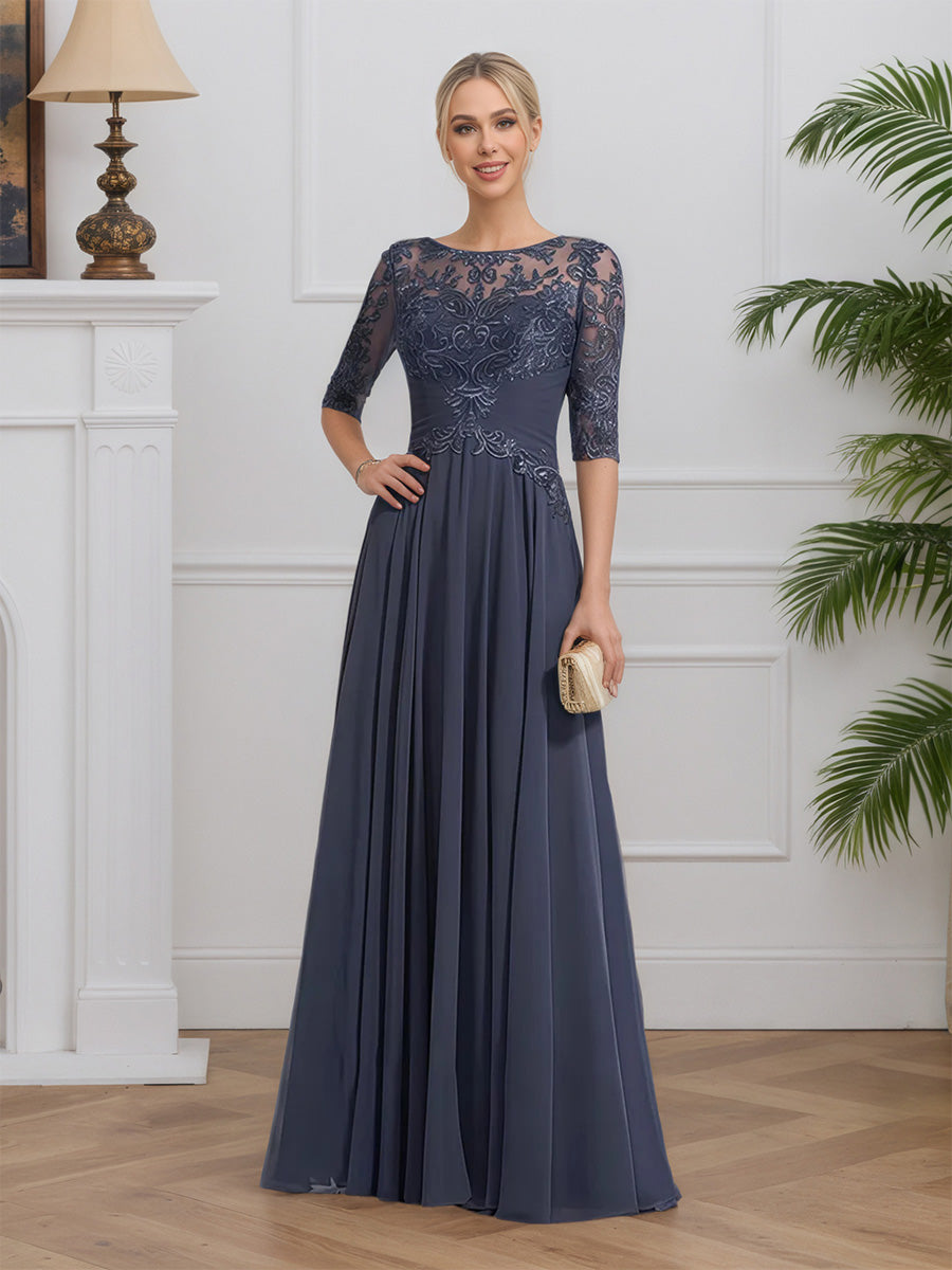 Cicinia ORAGEUX Robe pour Mère de la Mariée Longue en Mousseline et Dentelle A-Line Manches Demi-longues