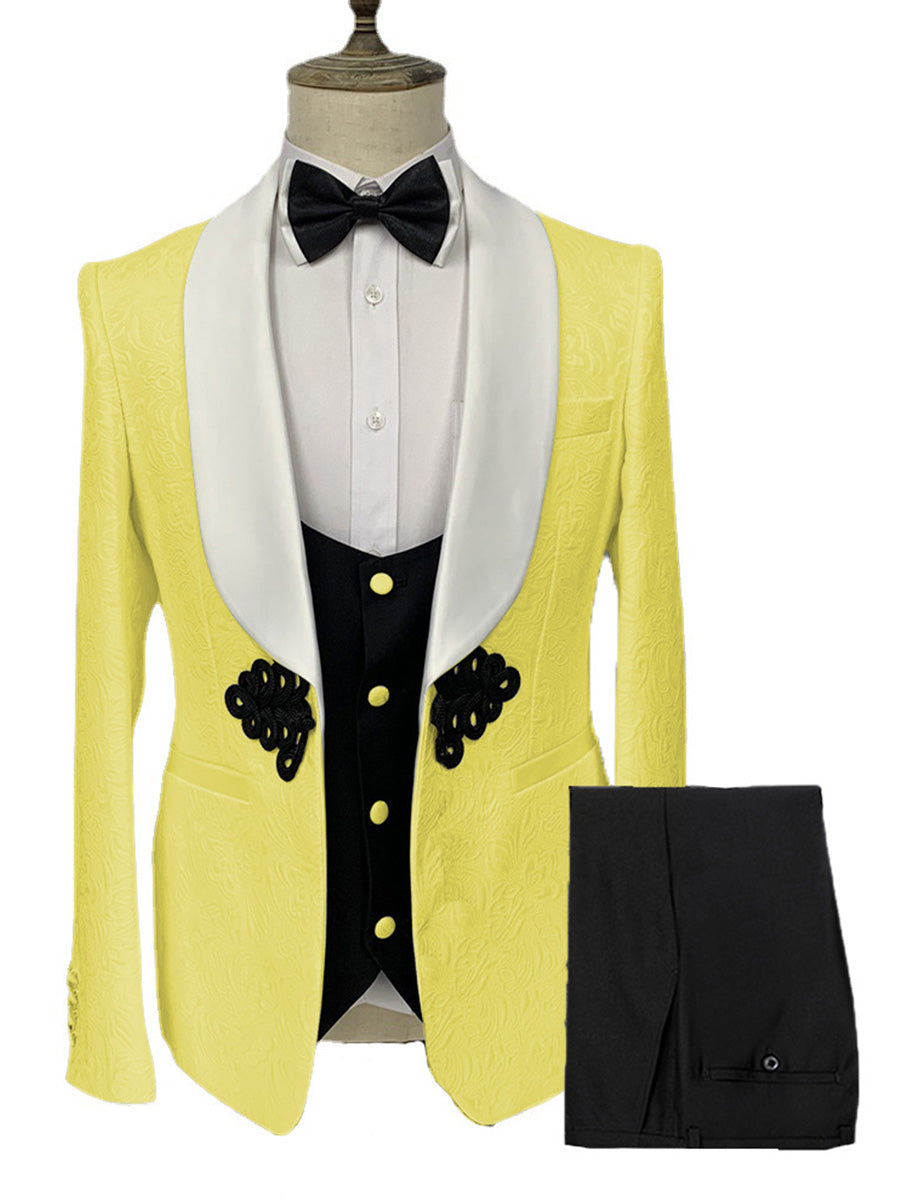 Costume Homme 3 Pièces en JONQUILLE à Motif Jacquard Élégance Racée pour Marié et Garçons d'Honneur