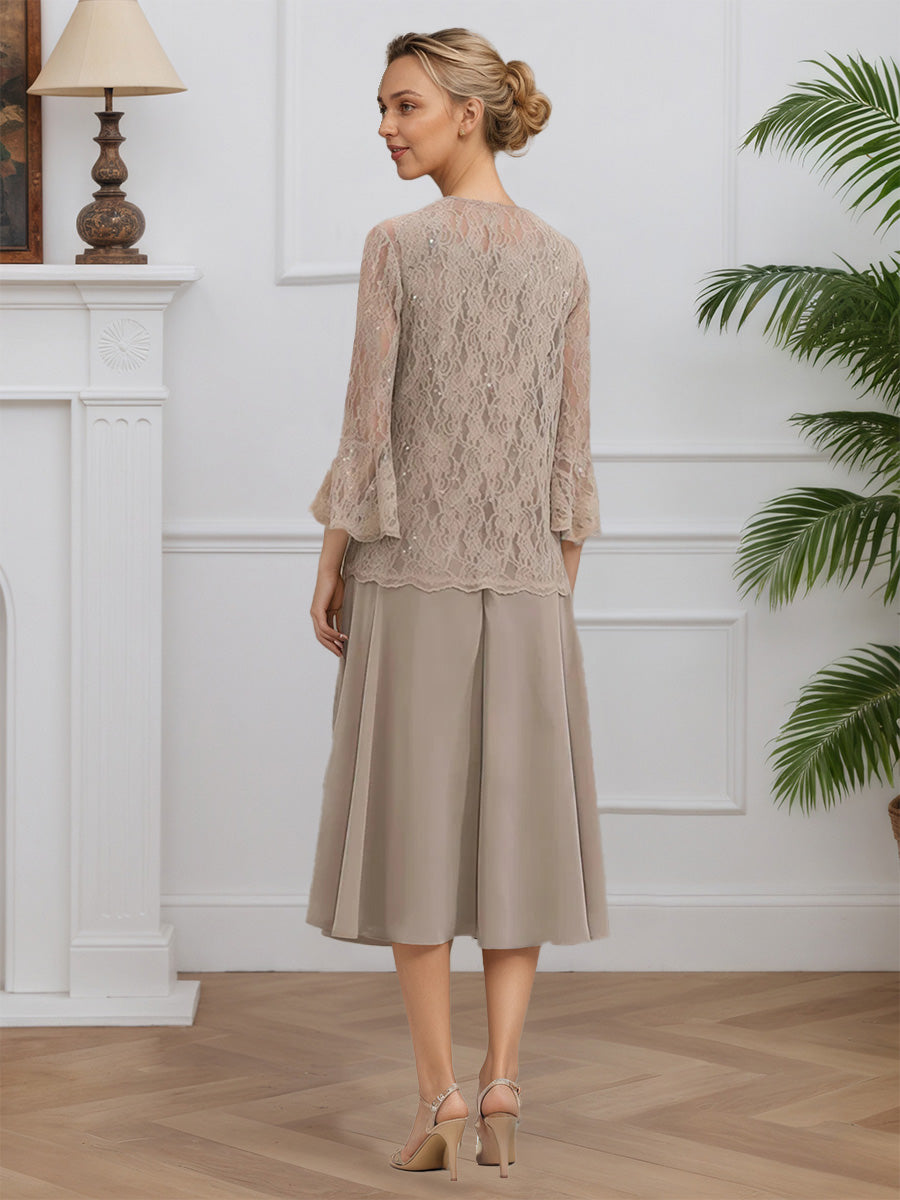 Cicinia Taupe 2 Pièces Robe avec Veste pour Mère de la Mariée Longue en Dentelle et Mousseline A-Line Longueur Midi (Thé)