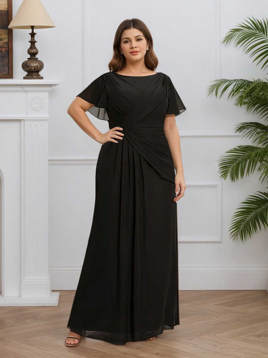 Cicinia Noir Robe pour Mère de la Mariée Longue en Mousseline Fourreau Manches Courtes Col Rond Longueur Sol Grande Taille