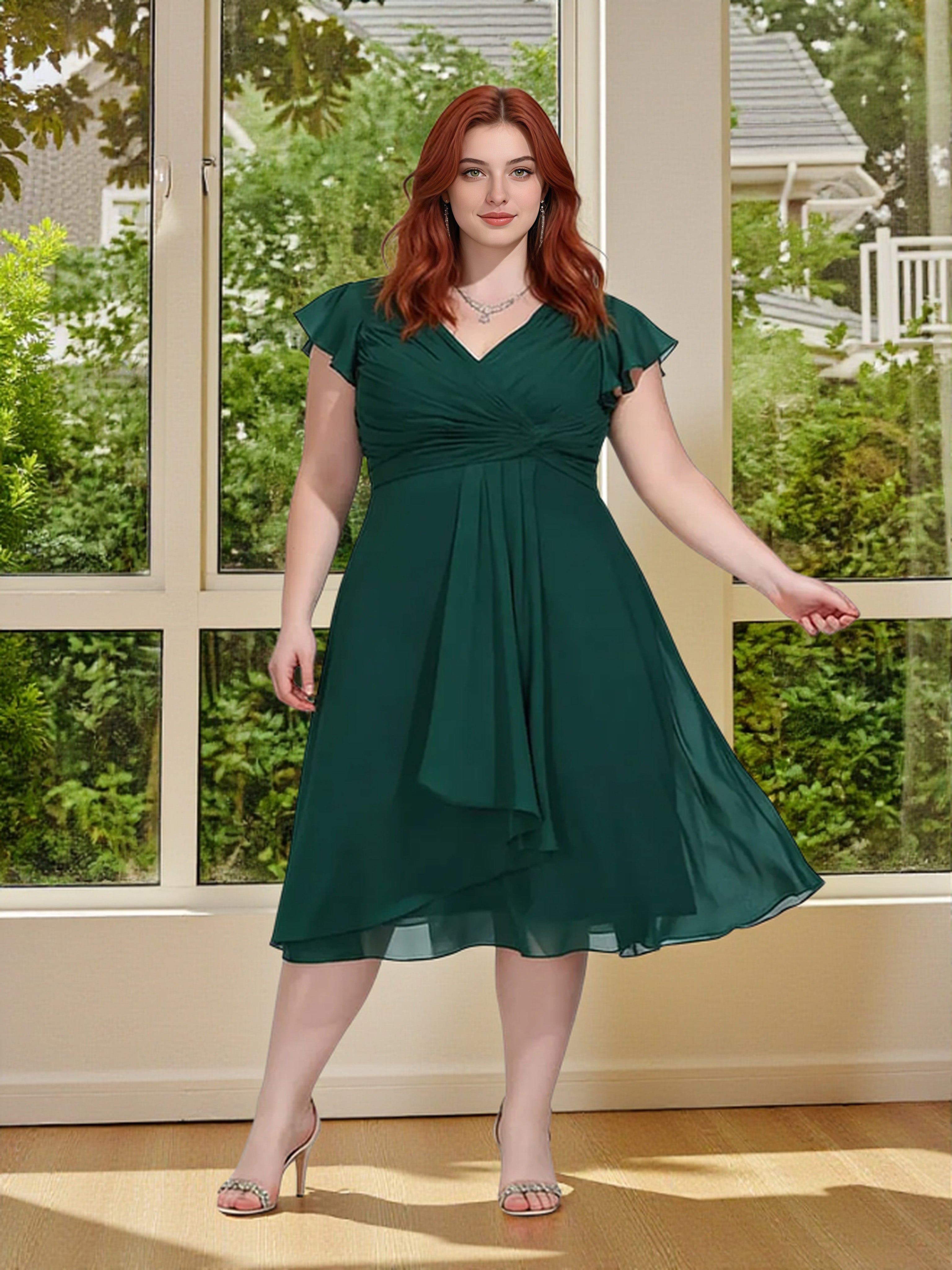 Cicinia Robe Demoiselle d'Honneur Vert Foncé en Mousseline Décolleté en V Manches à Volants Longueur Genoux Grande Taille