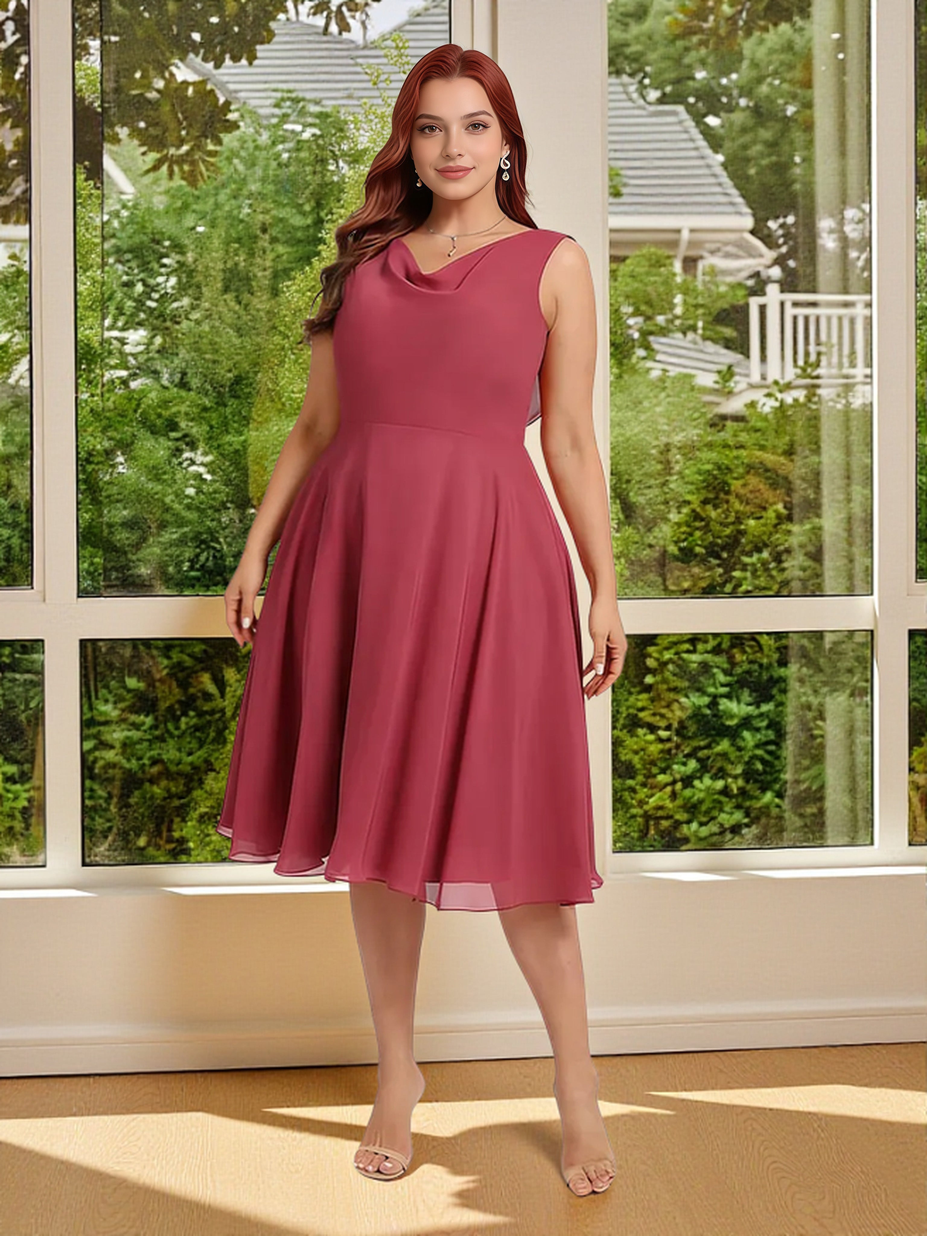 Cicinia Robe Demoiselle d'Honneur Rose Cannelle en Mousseline Col Bénitier Longueur Genoux Grande Taille