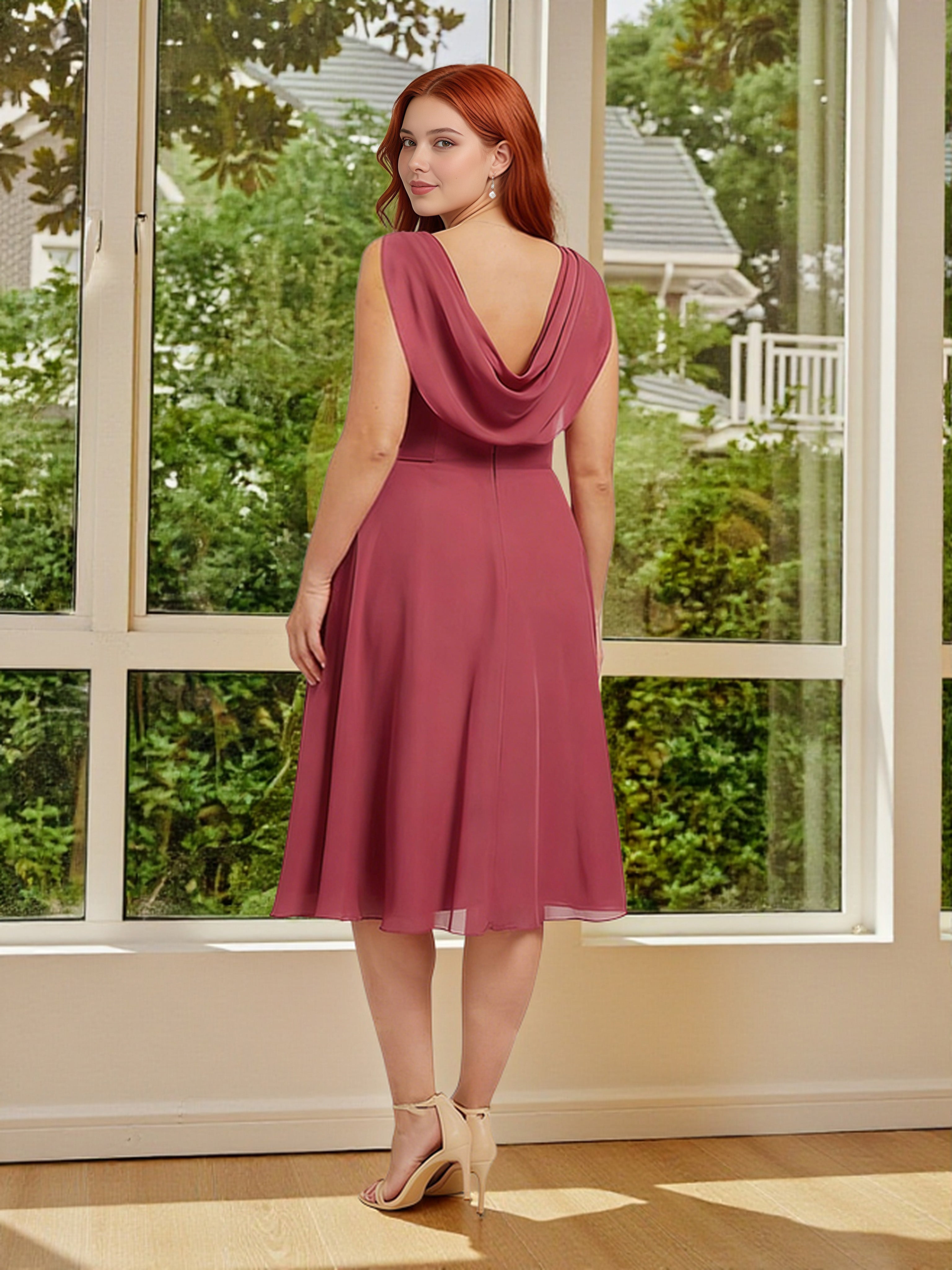 Cicinia Robe Demoiselle d'Honneur Rose Cannelle en Mousseline Col Bénitier Longueur Genoux Grande Taille