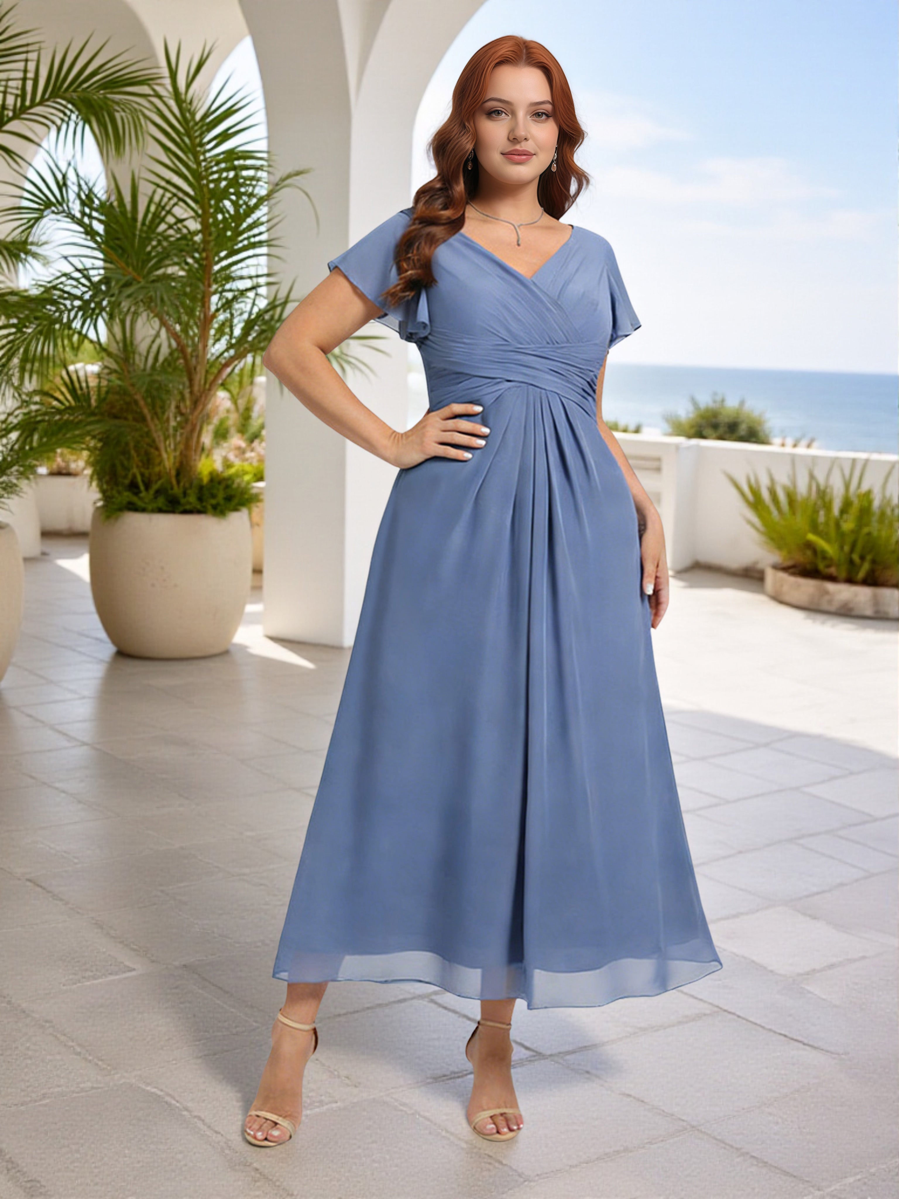 Cicinia Robe Demoiselle d‘Honneur Gris Bleu Midi en Mousseline Décolleté en V Manches à Volants Grande Taille