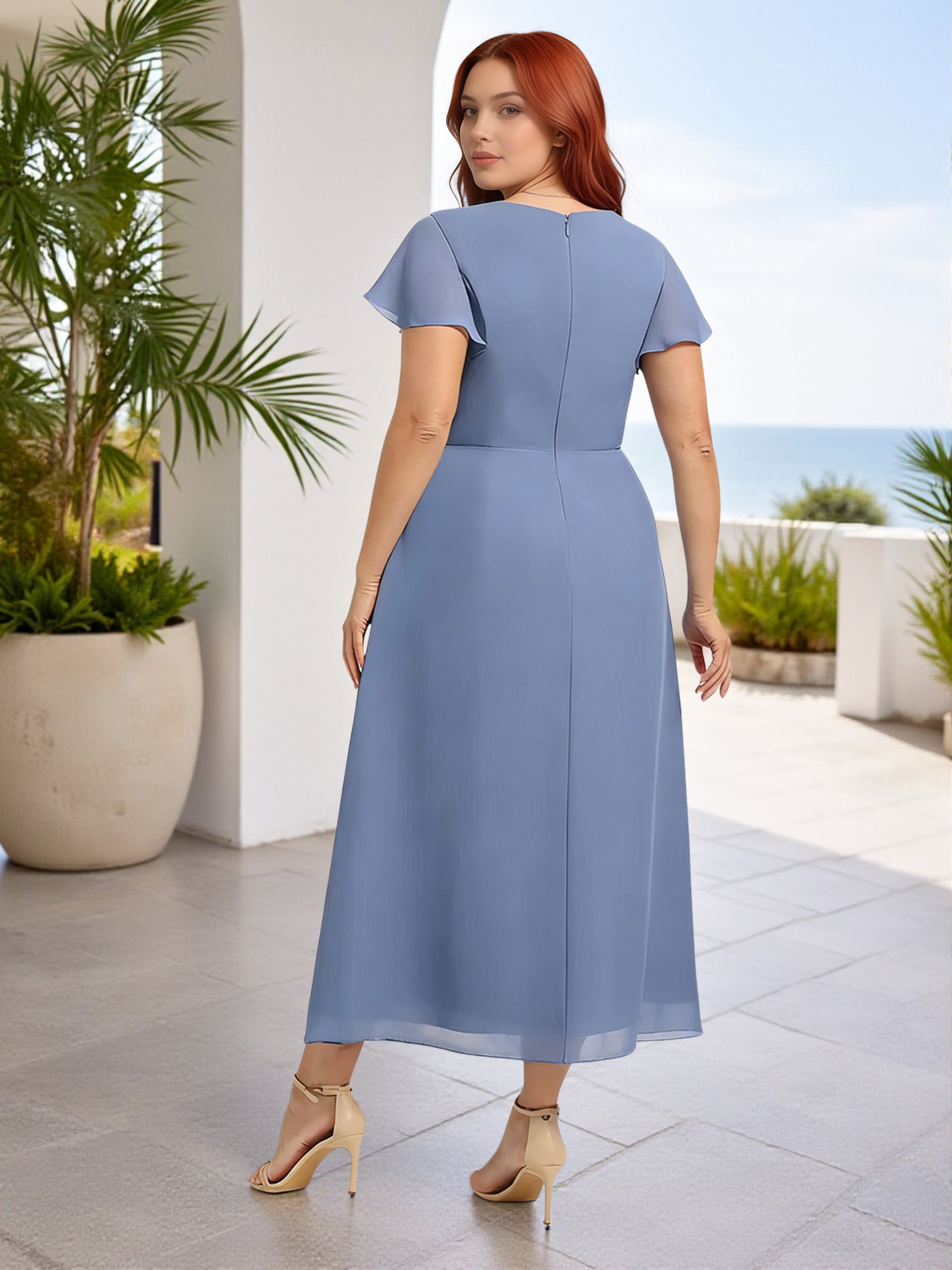 Cicinia Robe Demoiselle d‘Honneur Gris Bleu Midi en Mousseline Décolleté en V Manches à Volants Grande Taille