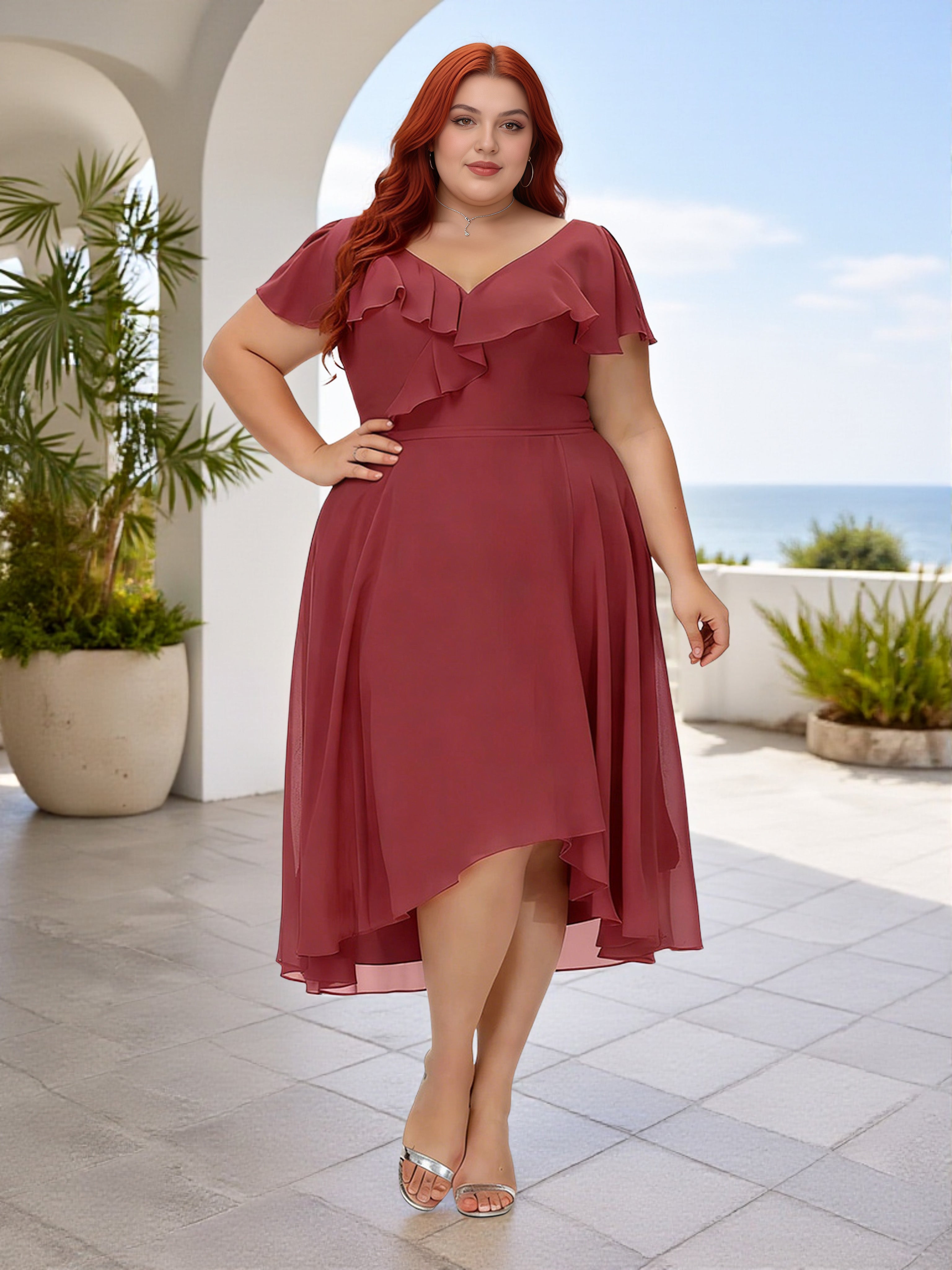 Cicinia Robe Demoiselle d'Honneur Rose Cannelle en Mousseline Décolleté en V Manches à Volants Ourlet Irrégulier Grande Taille