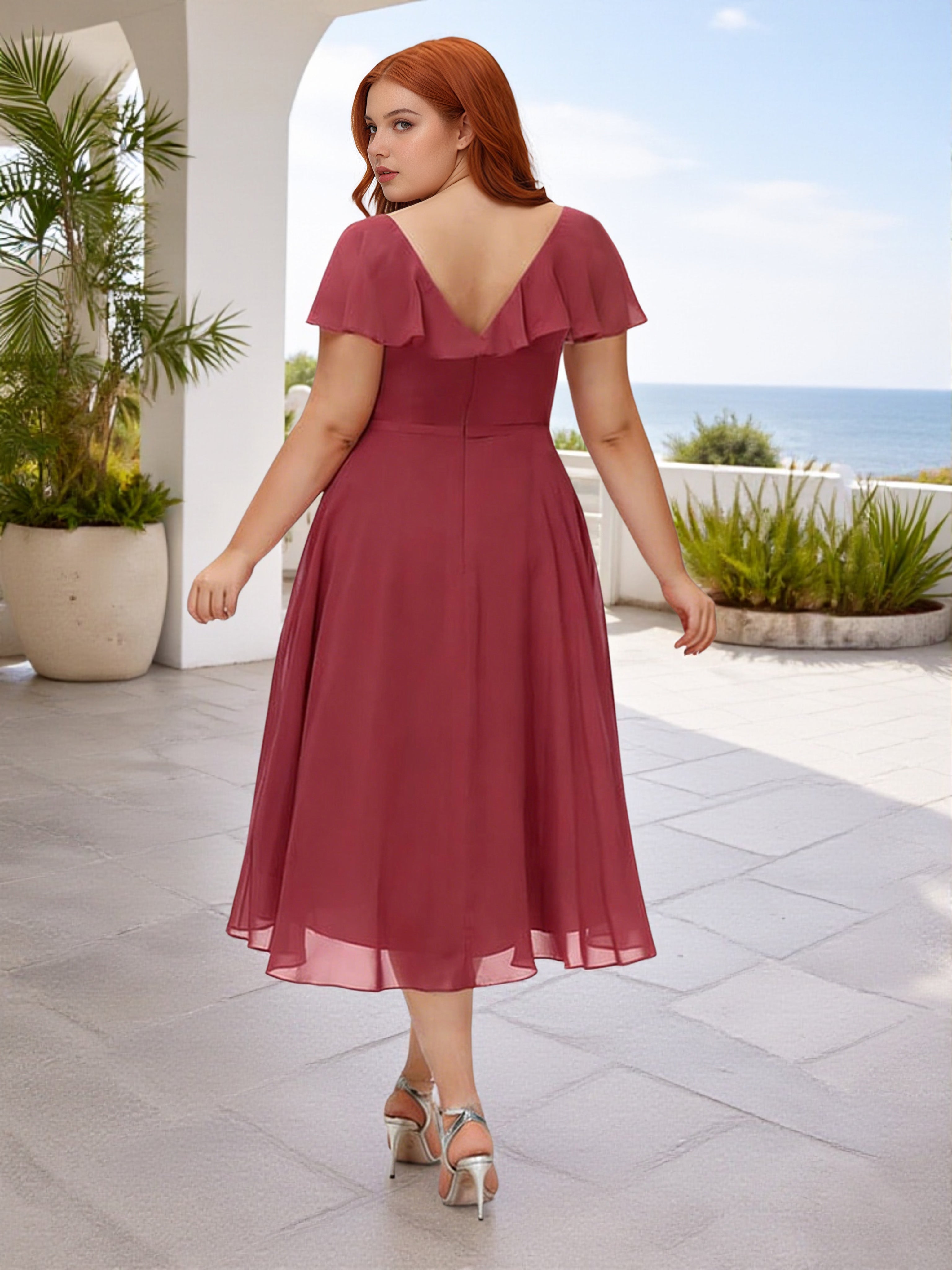 Cicinia Robe Demoiselle d'Honneur Rose Cannelle en Mousseline Décolleté en V Manches à Volants Ourlet Irrégulier Grande Taille