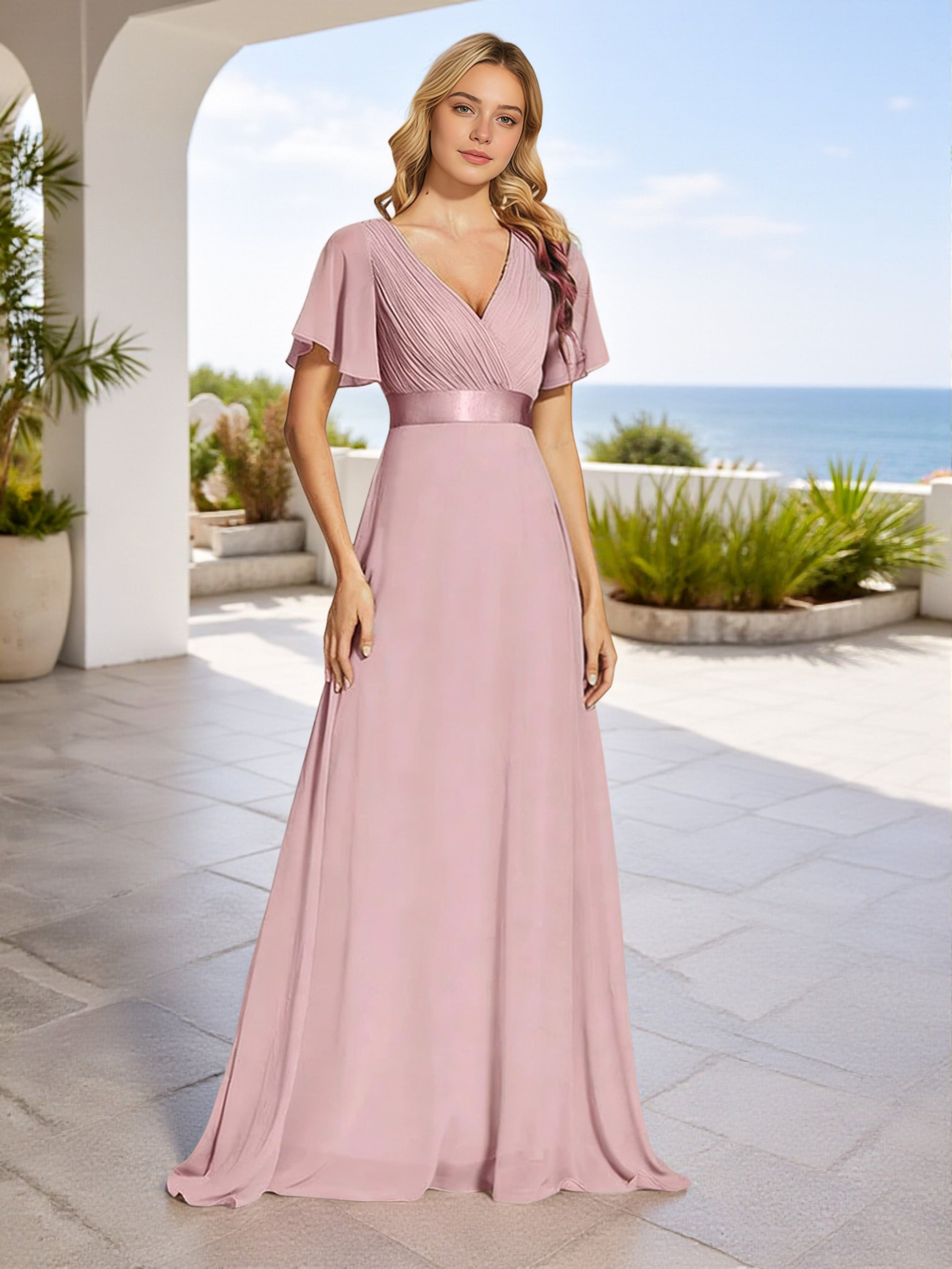 Cicinia Robe Demoiselle d'Honneur Rose Grisé Taille Empire Décolleté en V Manches Papillons