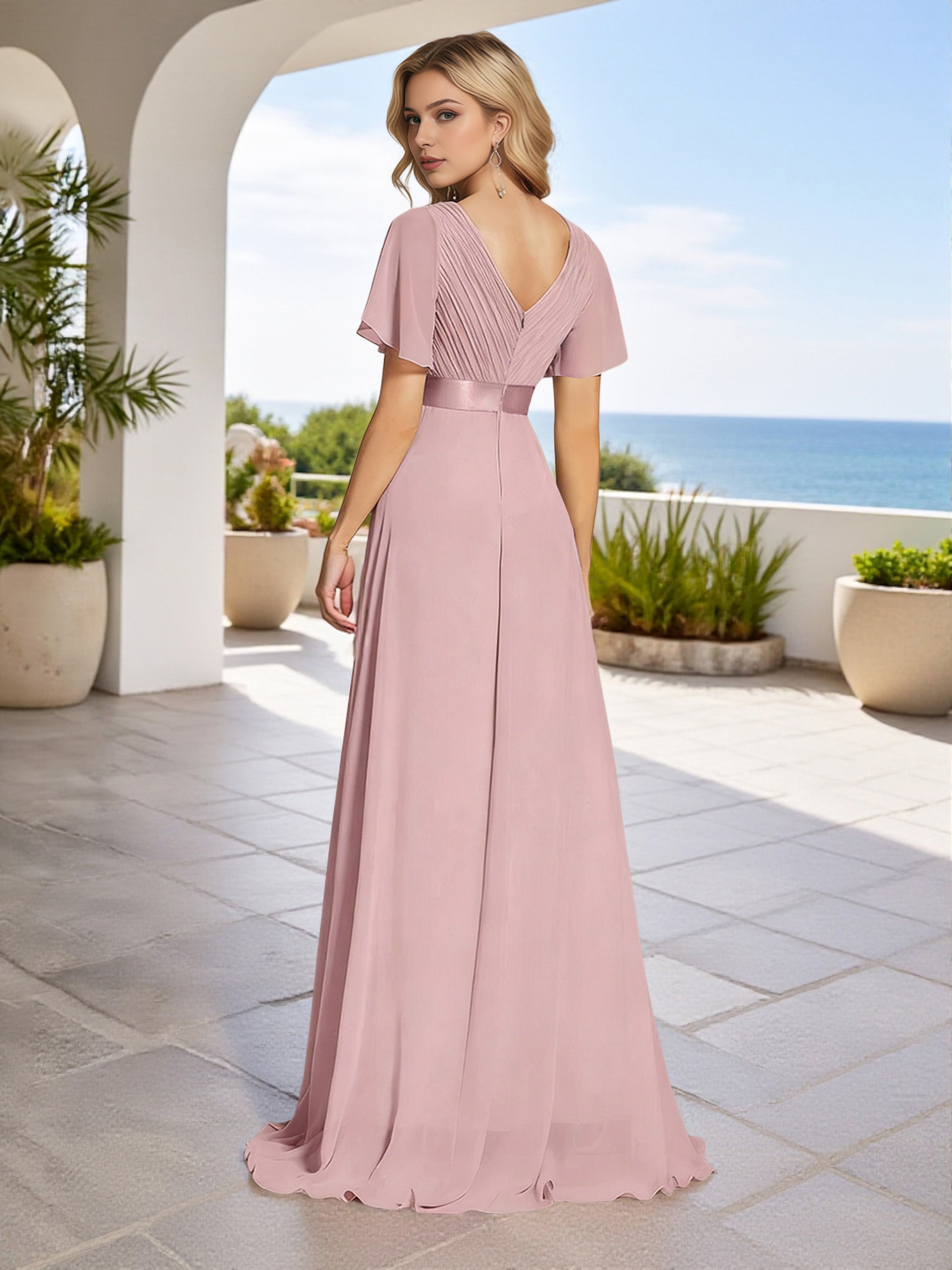 Cicinia Robe Demoiselle d'Honneur Rose Grisé Taille Empire Décolleté en V Manches Papillons