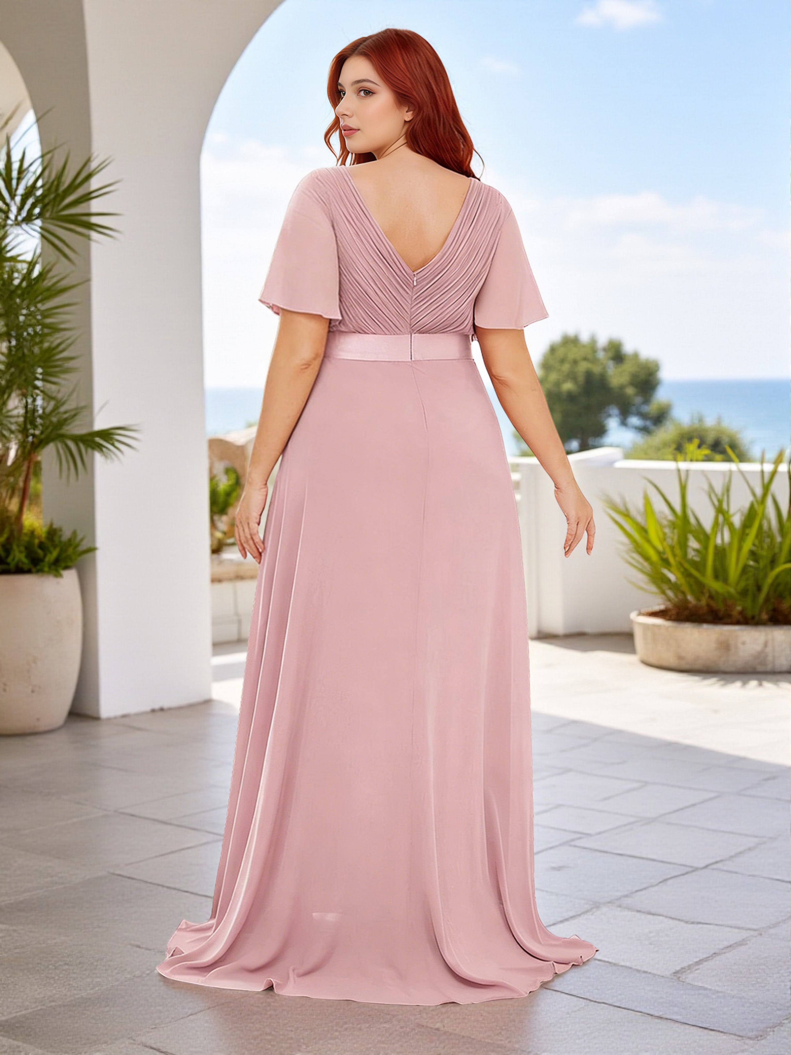 Cicinia Robe Demoiselle d'Honneur Rose Grisé Taille Empire Décolleté en V Manches Papillons Grande Taille