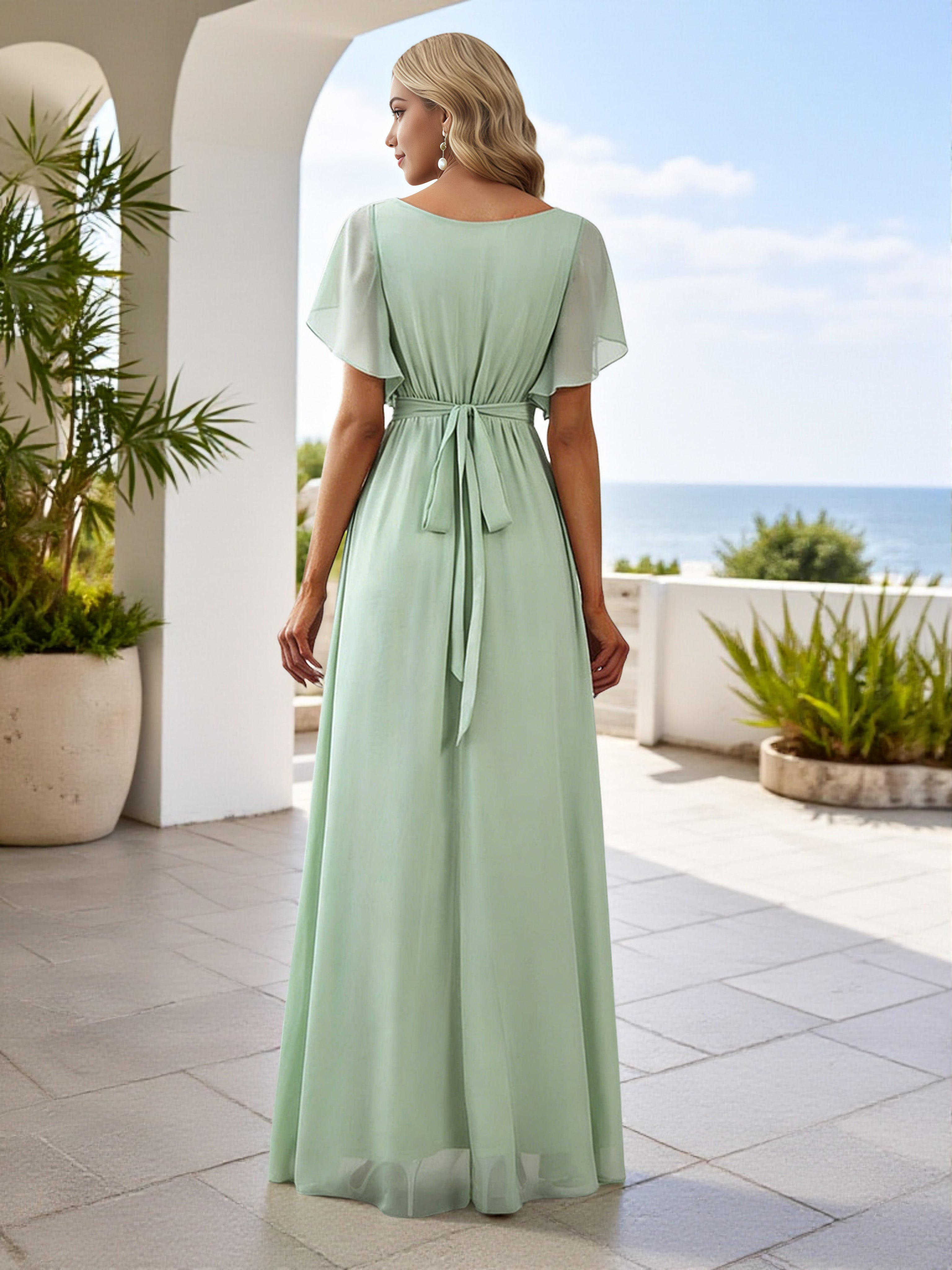 Cicinia Robe Demoiselle d'Honneur Sauge Poudrée Longue A-Line en Mousseline Décolleté en V Manches Papillons Longueur Sol