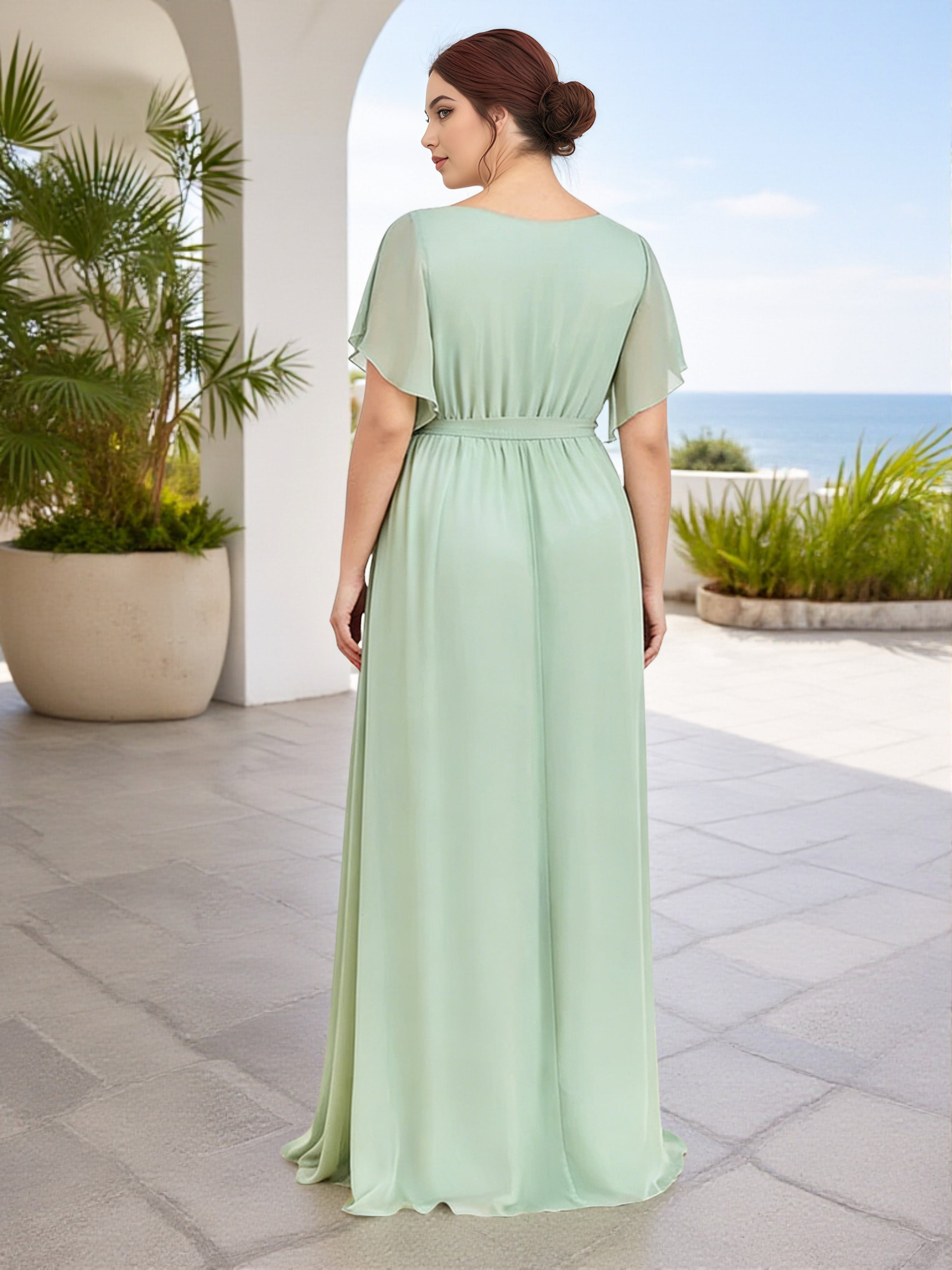 Cicinia Robe Demoiselle d'Honneur Sauge Poudrée Longue A-Line en Mousseline Décolleté en V Manches Papillons Longueur Sol Grande Taille