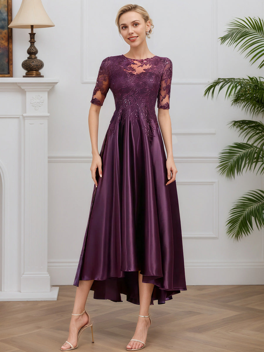 Cicinia Raisin Robe pour Mère de la Mariée Longue en Satin Doux et Dentelle A-Line Longueur Midi
