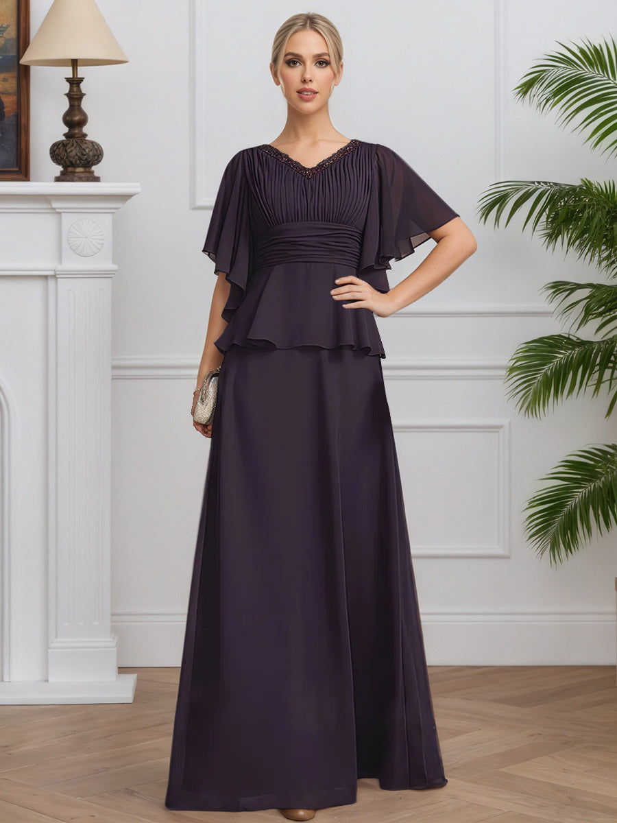 Cicinia Prune Robe pour Mère de la Mariée Longue en Mousseline A-Line Perlé Décolleté en V
