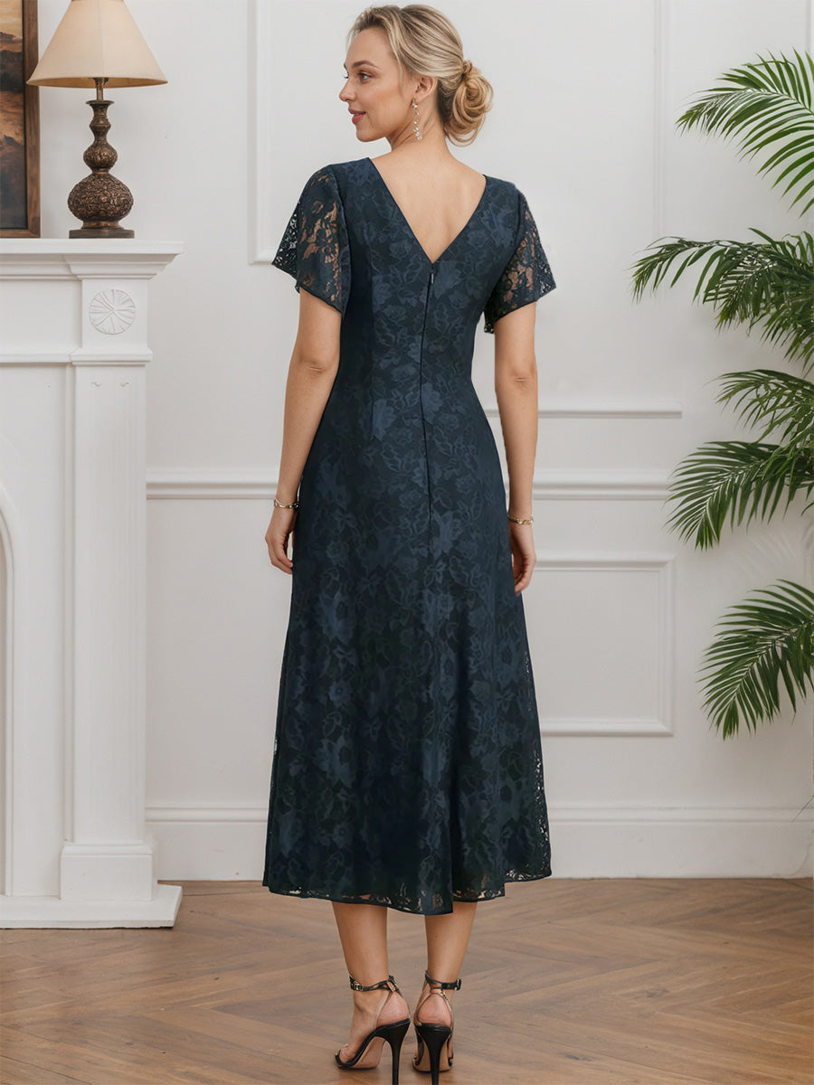 Cicinia Bleu Marine Foncé Robe pour Mère de la Mariée Longue en Mousseline et Dentelle A-Line Longueur Midi