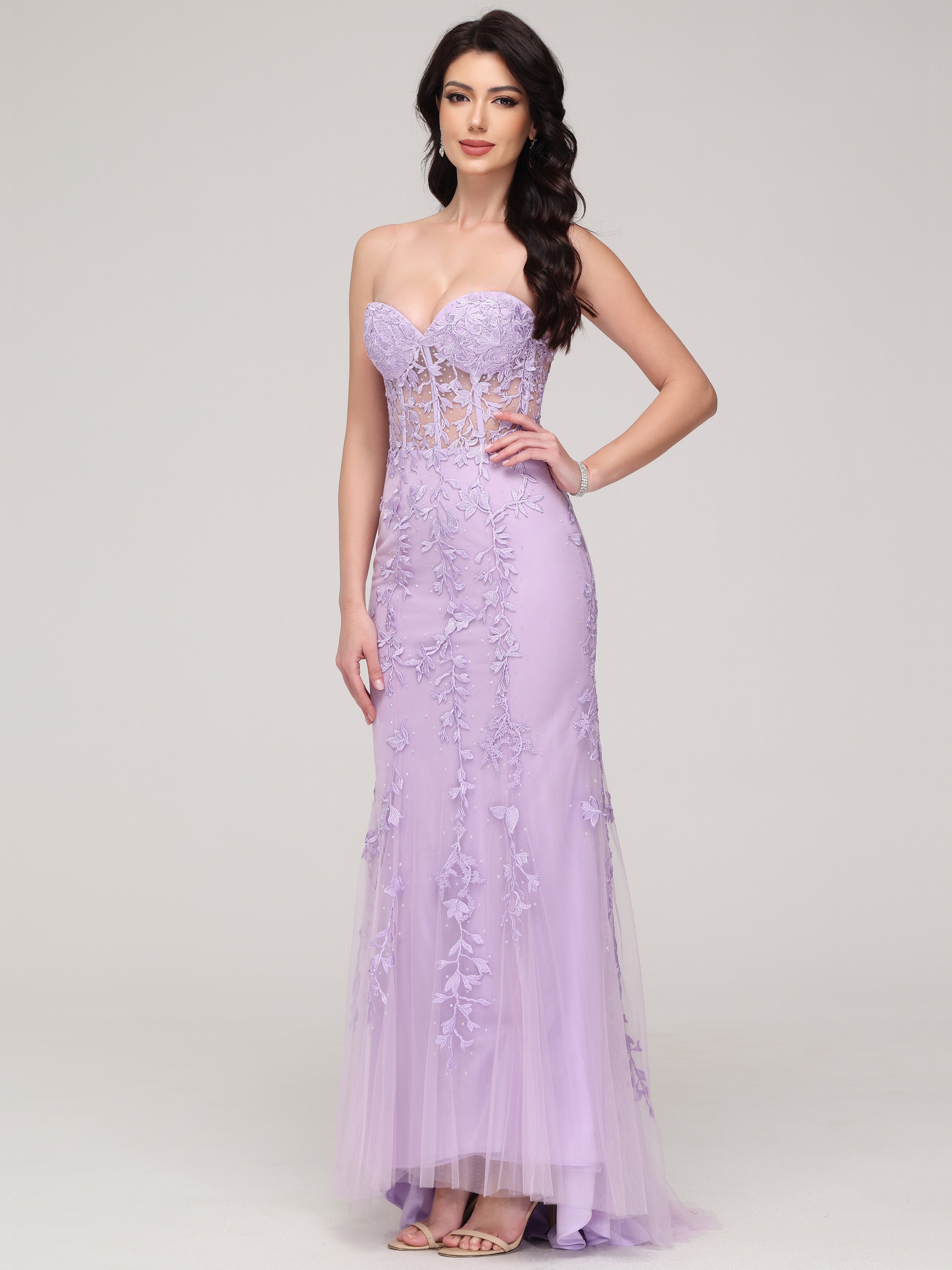 Forme sirène Cache cœur Strass Tulle Dentelle Robe de Soirée avec traîne