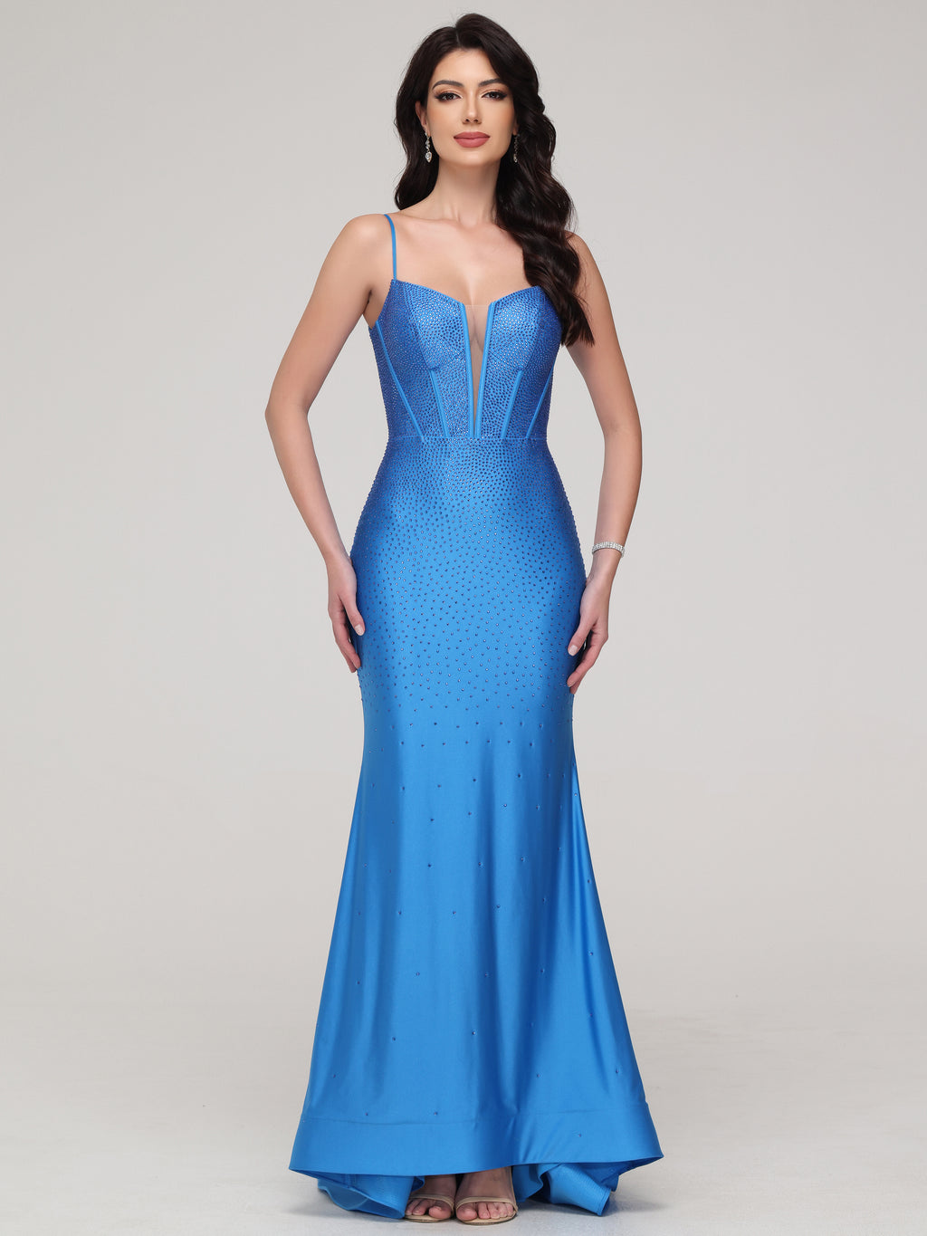 Robe moulante bleu sarcelle froncée à bretelles et ourlet volanté | FR